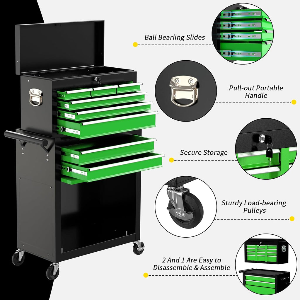 On Shine 8 Drawer Rolling Tool Chest, Large Capacity Rolling Tool Box with Wheels, Locking Mechanical Tool Chest, Portable Tool Box with Sliding Drawers for Garage Workshop and Tool Room （Black Green）
