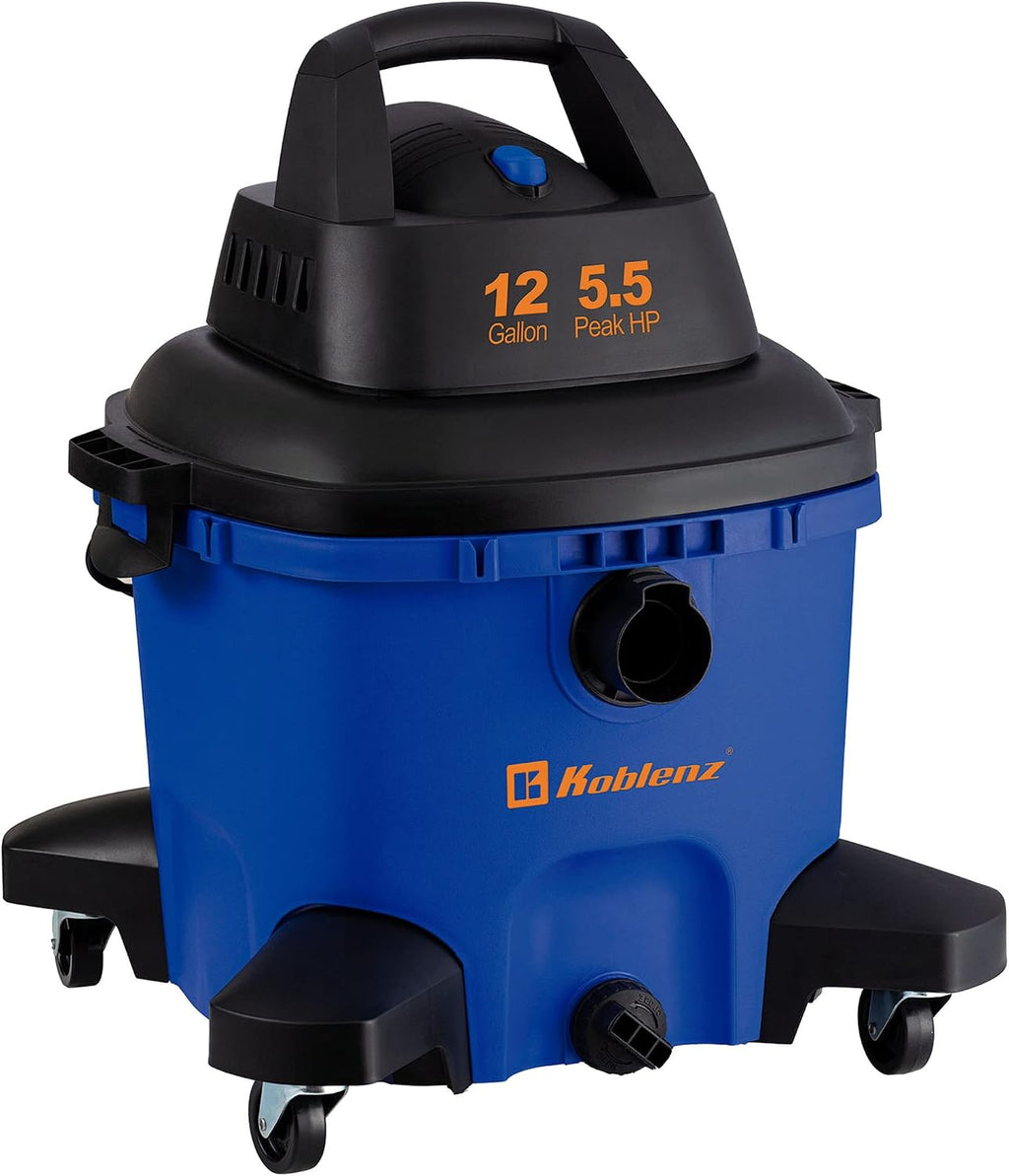 Koblenz WD-12 L4 Wet Dry Vacuum Cleaner, 12 Gallon 5.5 PHP, 3-in-1 Suction & Blower, 32 ft Reach, Drain Plug, Large Vacuum Cleaner for Car, Shop Vacuum Wet and Dry, Click-N-Lock Hose, Blue/Black