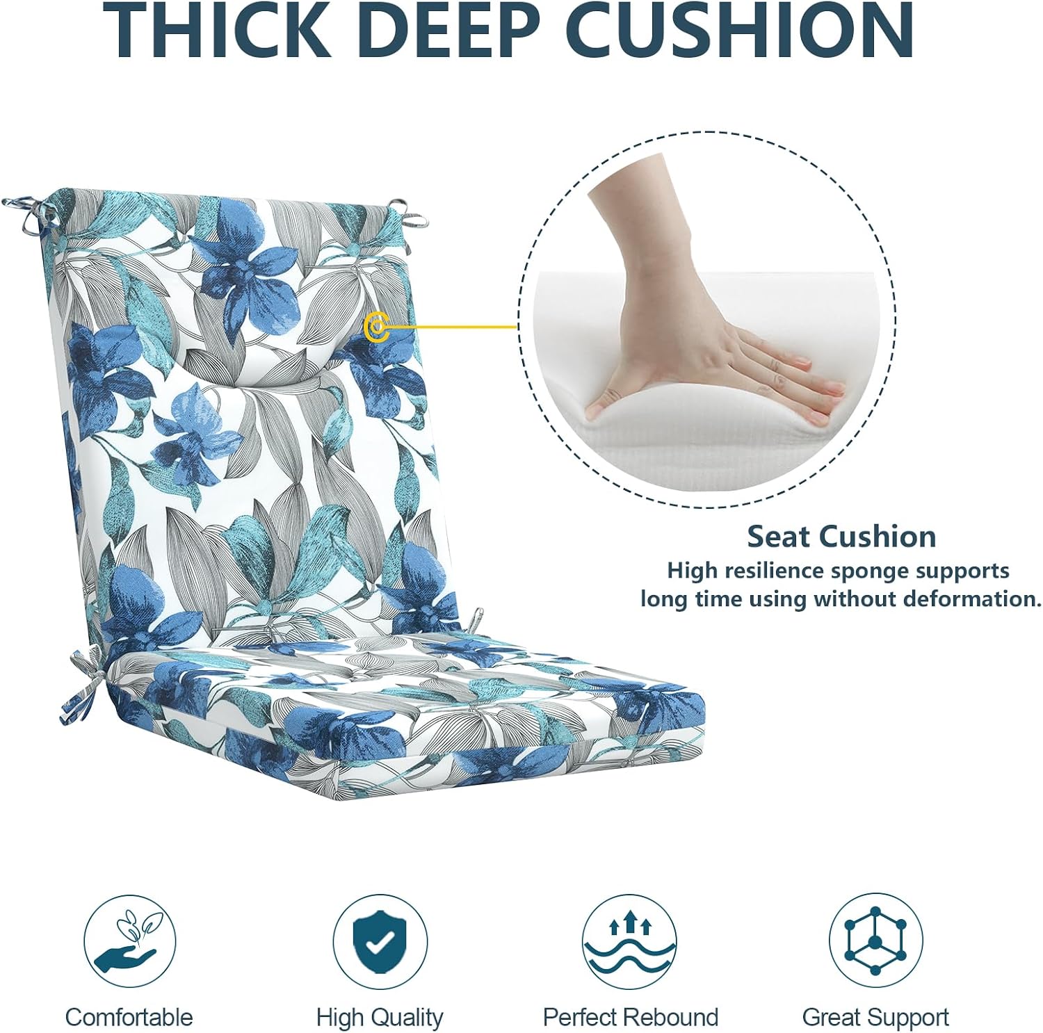 DYTXIII Outdoor High Back Chair Cushions Set of 2, 44x20 in Water Repellent Patio Seat Cushions with Elastic Sponge, All Weather Cushions for Rocking, Dining, Patio Furniture - Clemens Noir Blue