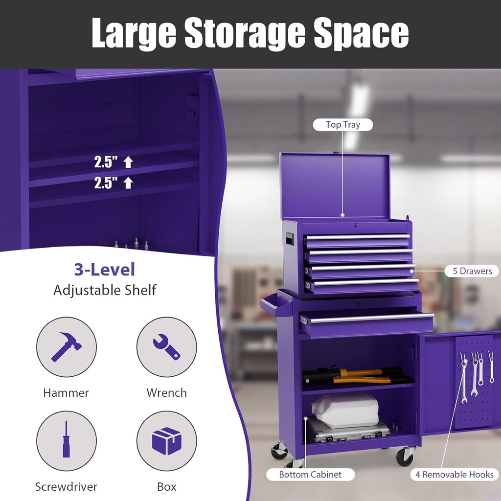 Goplus Purple Tool Chest, 5 Drawers Rolling Tool Cabinet w/Detachable Top Toolbox, Universal Lockable Wheels,Lock Bar,Protective Liner,Tool Rack, Metal Tool Storage Cart, Tool Box for Garage Workshop