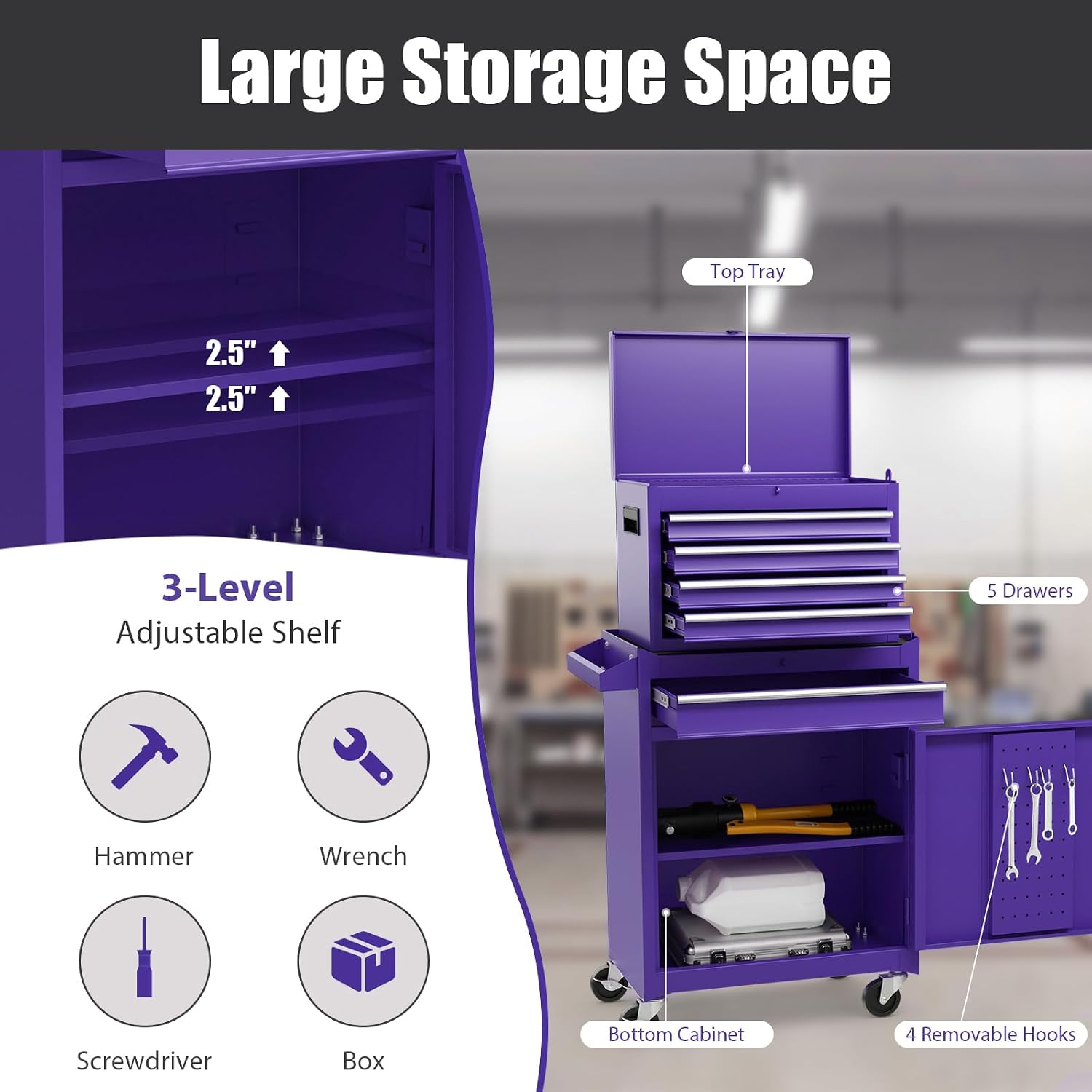 Goplus Purple Tool Chest, 5 Drawers Rolling Tool Cabinet w/Detachable Top Toolbox, Universal Lockable Wheels,Lock Bar,Protective Liner,Tool Rack, Metal Tool Storage Cart, Tool Box for Garage Workshop