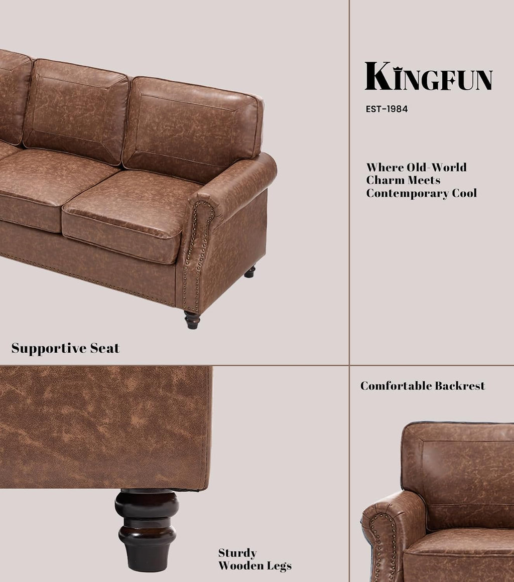 Kingfun Mid-Century Modern Couch, Faux Leather Sofa, 3 Seater Couch for Living Room with Rolled arms & Nailhead Trim, Dark Brown