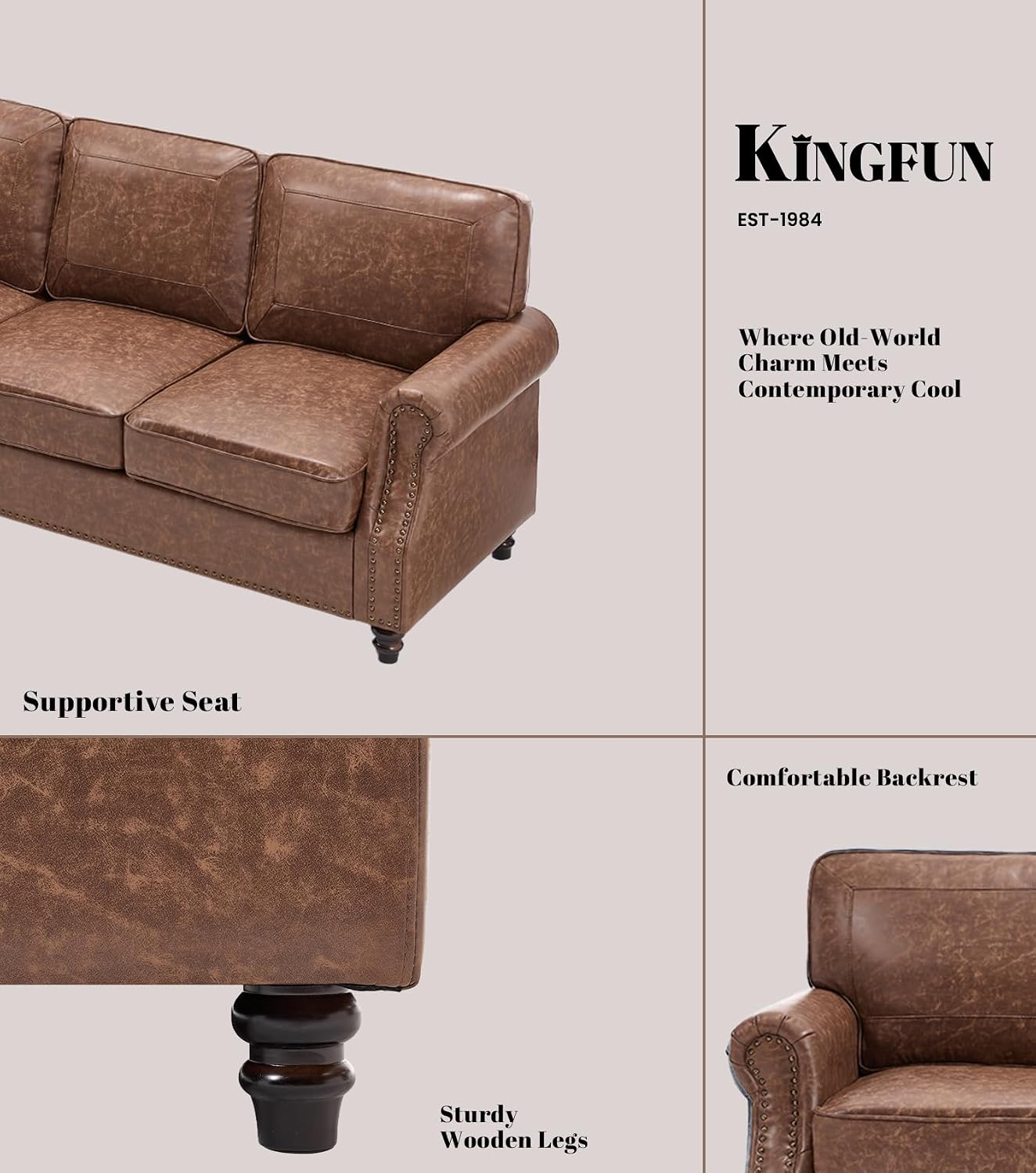 Kingfun Mid-Century Modern Couch, Faux Leather Sofa, 3 Seater Couch for Living Room with Rolled arms & Nailhead Trim, Dark Brown