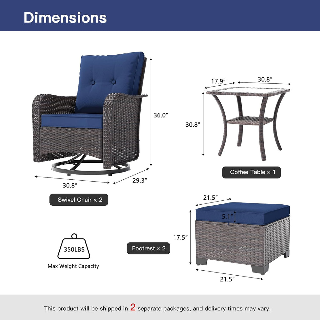 ALAULM 5-Piece Outdoor Swivel Rocking Chair Set with 4' Thick Cushions and High Back, Wicker Patio Chairs with Side Table & 2 Footstools for Porch, Poolside, Backyard—Dark Blue