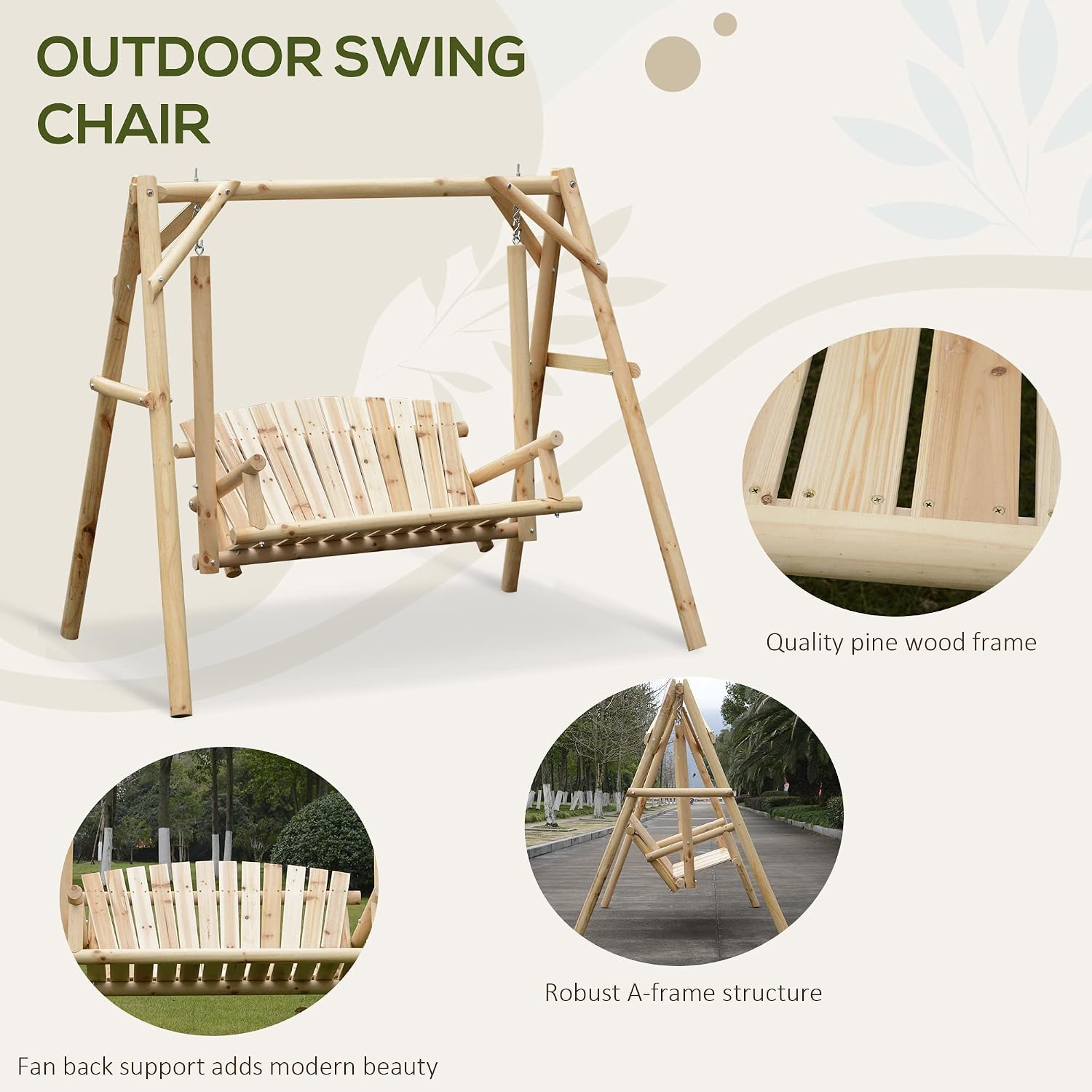 Outsunny 2-Seat Porch Swing with Stand, Wooden Patio Swing Chair Bench, for Garden, Poolside, Backyard, Natural
