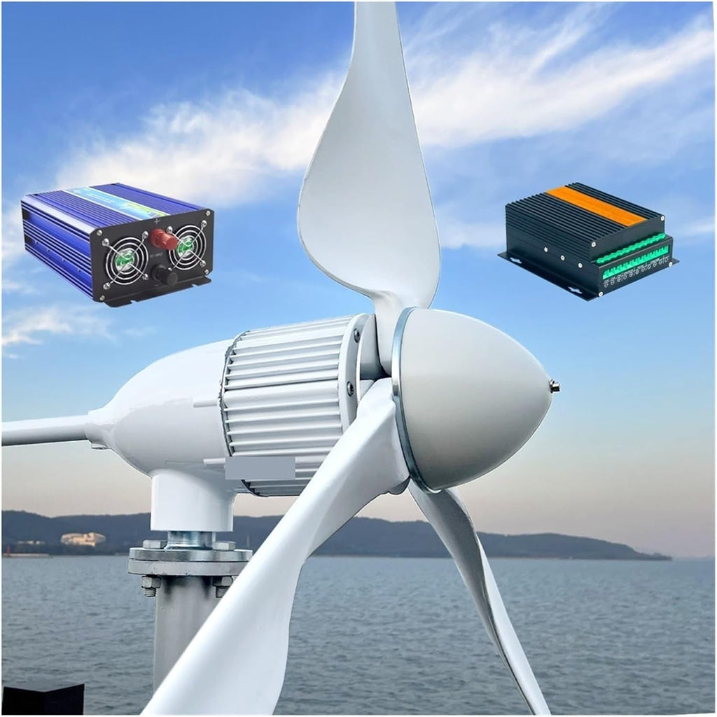 Wind Turbine Generator, 3000W 24V 48V 96V 3 s Horizontal Wind Turbine Generator Windmill With MPPT Charger Controller and Off Grid Inverter for Marine, RV, Home(24V)