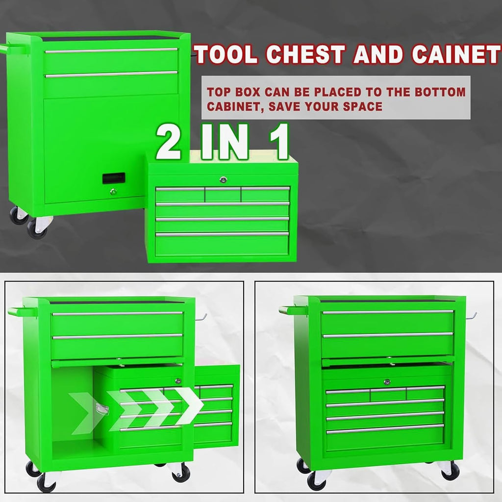 8-Drawer Rolling Tool Chest with Detachable Top Tool Box, Lockable Metal Tool Cabinet, and Liner, Heavy-Duty Storage Organizer with Wheels and 6 Hooks for Garage, Workshop, Green