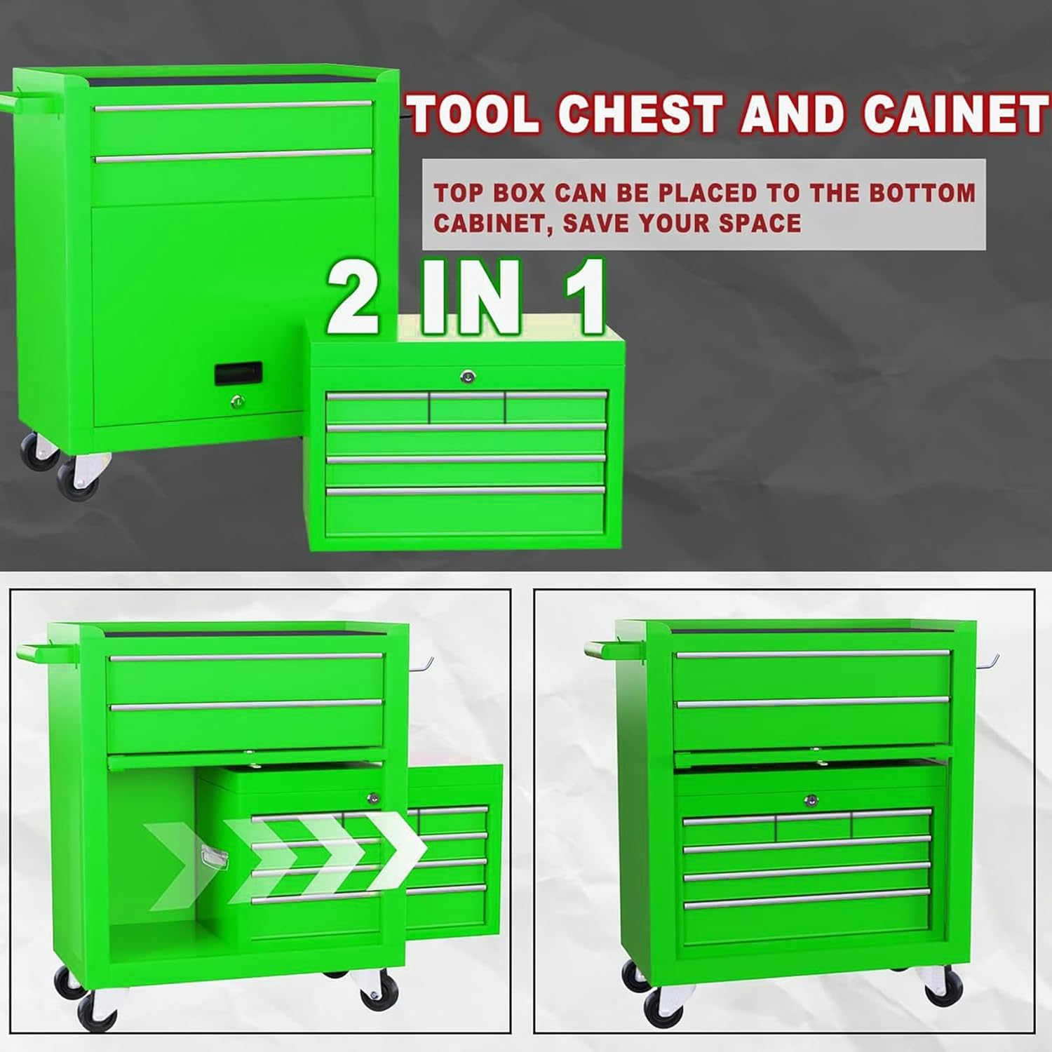 8-Drawer Rolling Tool Chest with Detachable Top Tool Box, Lockable Metal Tool Cabinet, and Liner, Heavy-Duty Storage Organizer with Wheels and 6 Hooks for Garage, Workshop, Green