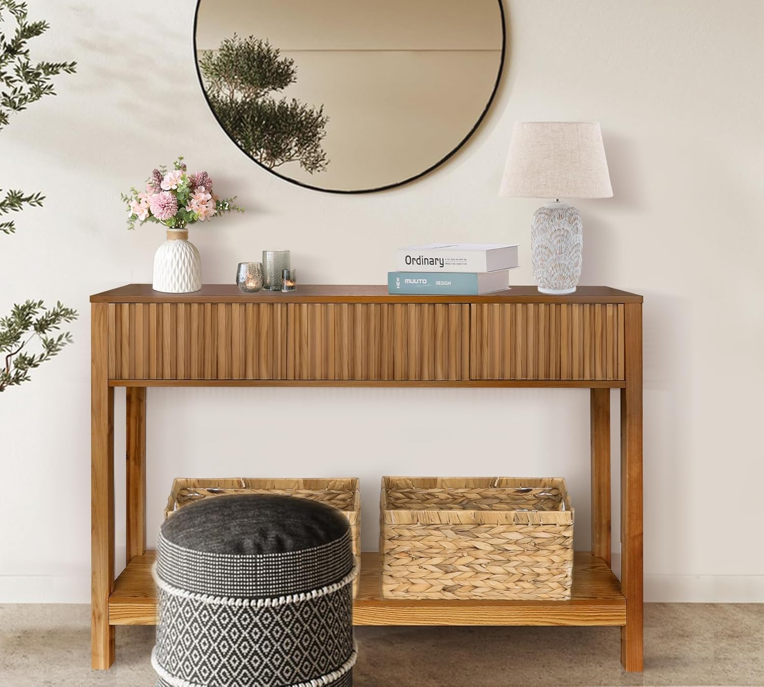 Fluted Console Table with Storage, 48' Long Entryway Slim Sofa Table Behind Couch Entry Tables, Narrow Wood Hallway Modern Living Room Couch Foyer Entrance Tables Brown
