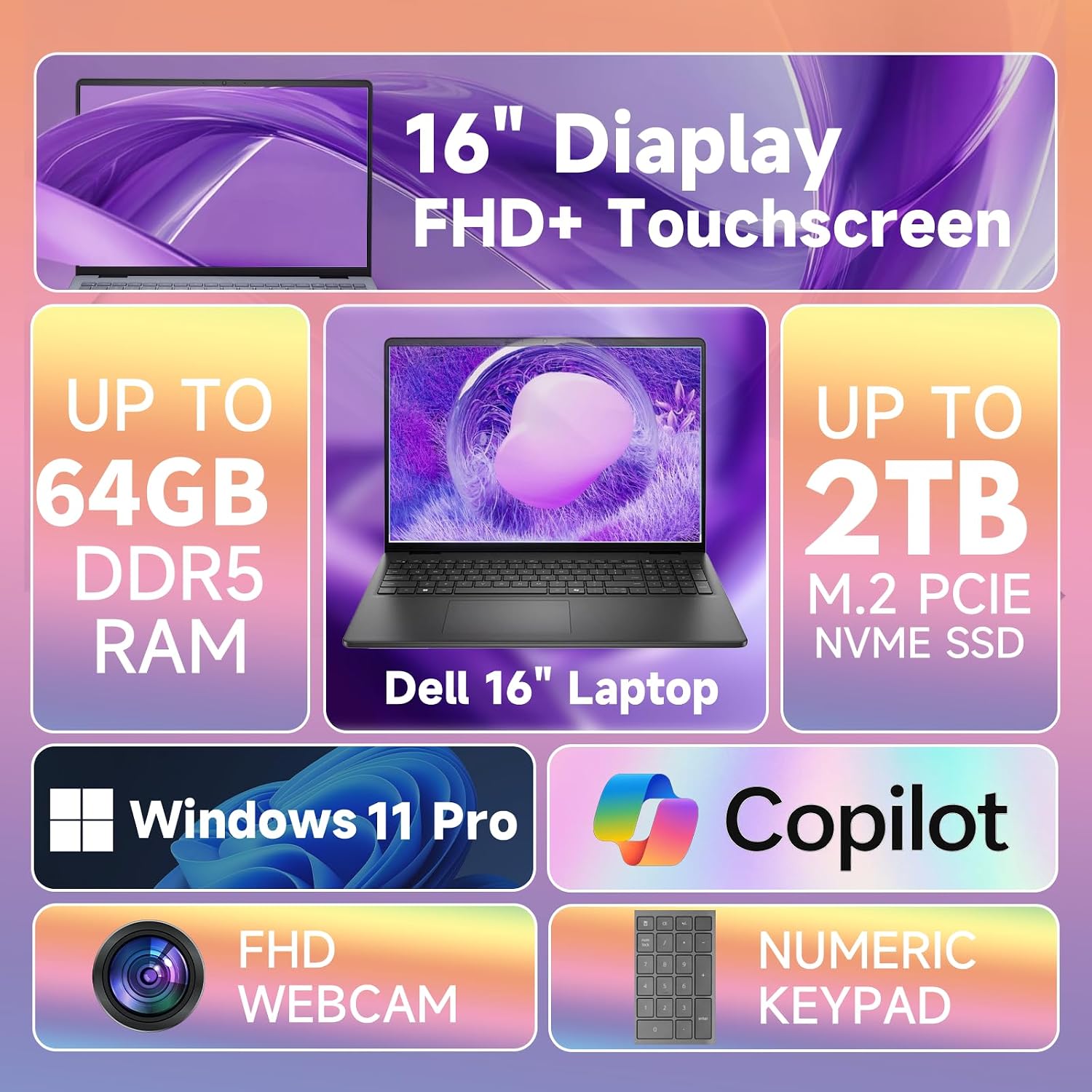 Dell 16' FHD+ Touchscreen Laptop Computer - Intel Core i7-150U Processor(10 Core, Up to 5.4Ghz), 300nits Display,Backlit Keyboard,Windows 11 Pro, Black((32GB DDR5 RAM, 1TB SSD)