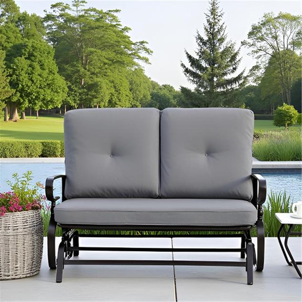 SUNCROWN Outdoor Swing Glider Chair, Patio 2 Seats Loveseat Rocking Chair with Cushions, Steel Frame Furniture Garden Seating with Cushion - Grey