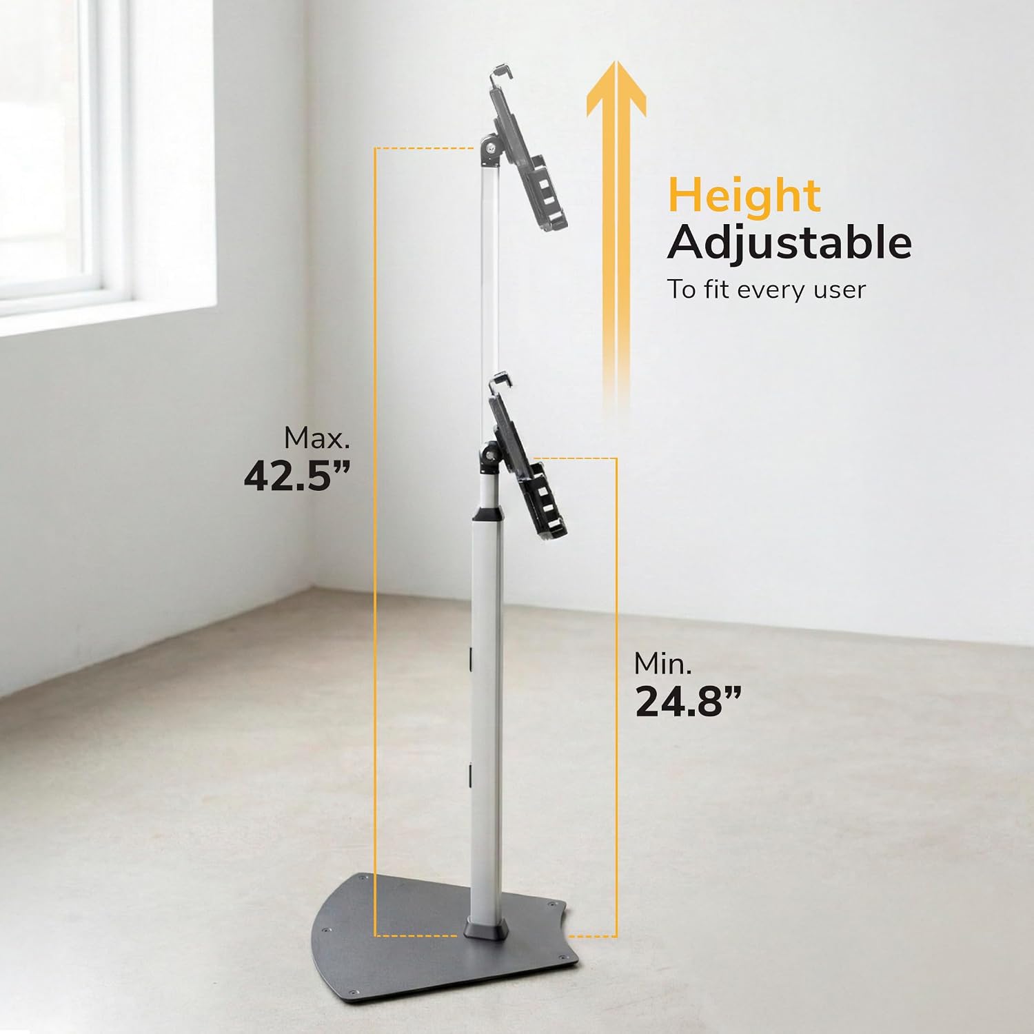 Mount-It! Anti-Theft Universal iPad & Samsung Tablet Floor Stand Kiosk, Locking Clamp, Height Adjustable 24.8'–42.5', 360° Rotating POS Kiosk for 7.9'–11' Tablets, Silver