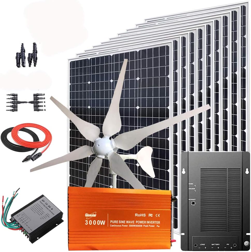1600W Wind Solar Generator Kit with 3000W Inverter: 400W Wind Turbine(6 Blades) + 10PCS 120W Mono Solar Panels + MPPT Charge Controller + Accessories (1600W kit with 3000W Inverter, for 12V System)