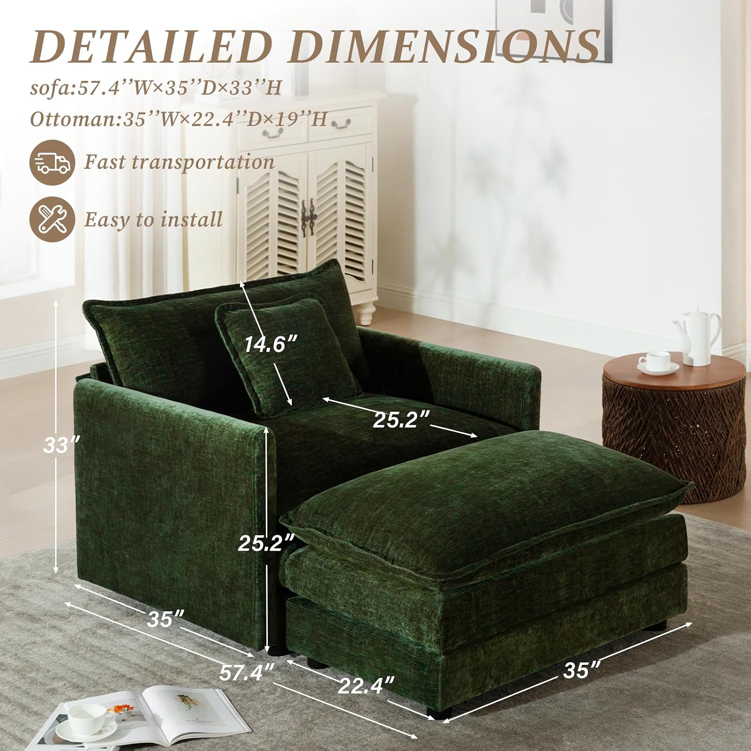 SoarFlash Chenille Sectional Sofa, Comfy Modular Single Sofa with Ottoman, Modern Recliner Deep Seat Sofa Set for Living Room,Green