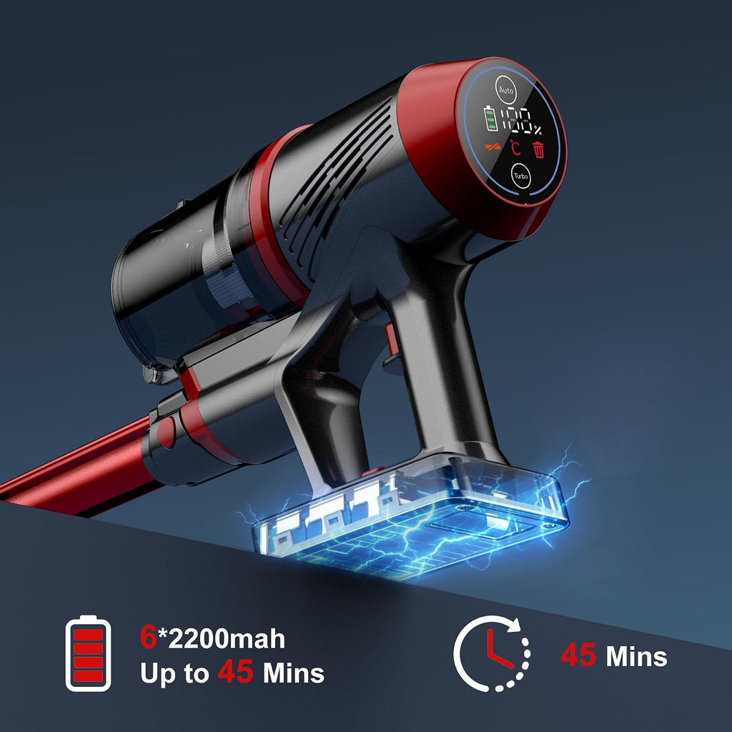 Cordless Vacuum Cleaner, 200W 45Mins Lightweight Stick Vacuum Cleaners for Home, Anti-Tangle Brush & LED Touch Screen, 1L Dust Cup, Wall Mount Dock, Bright Light for Hardwood, Pet Hair, Carpet, Office