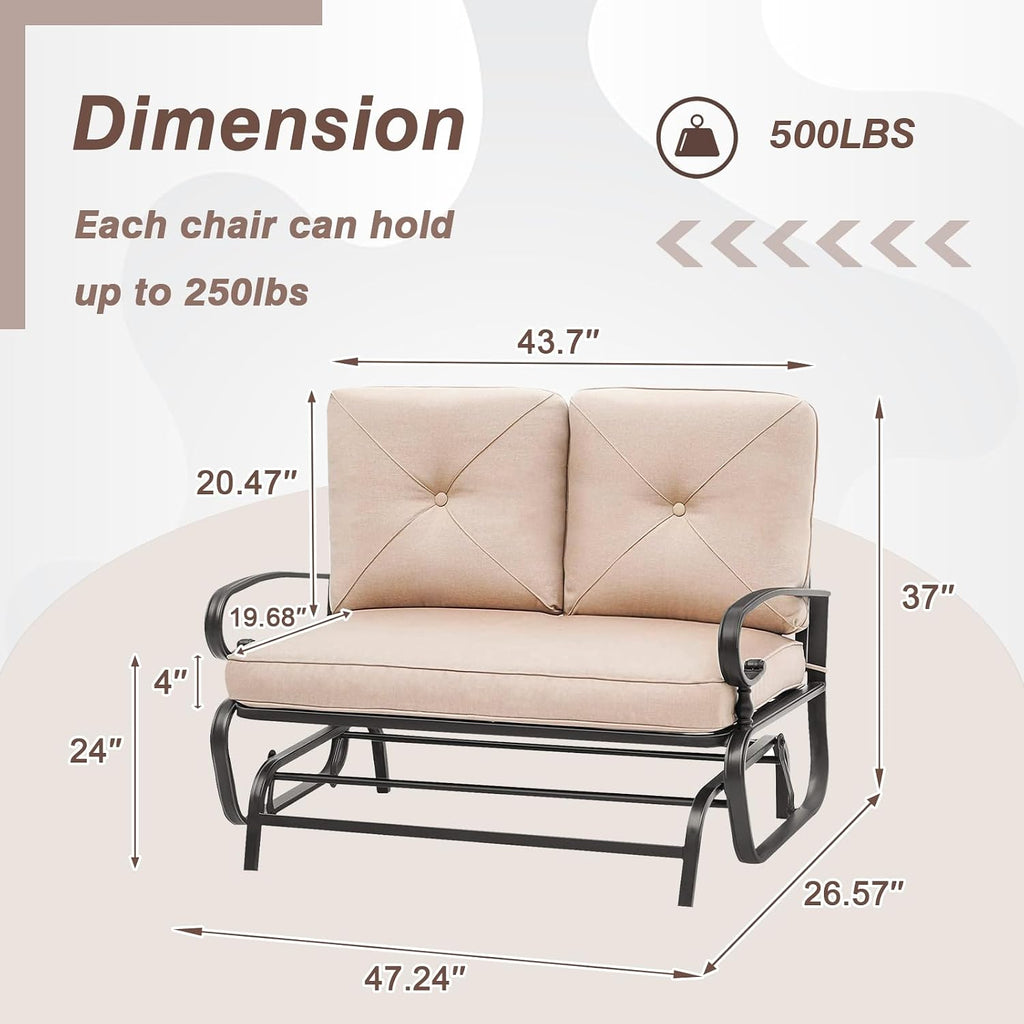 Outdoor Glider Rocking Bench 2 Person Patio Loveseat Steel Frame Furniture Set for Patio, Garden, Yard, Porch with Resistant Cushions (Brown)