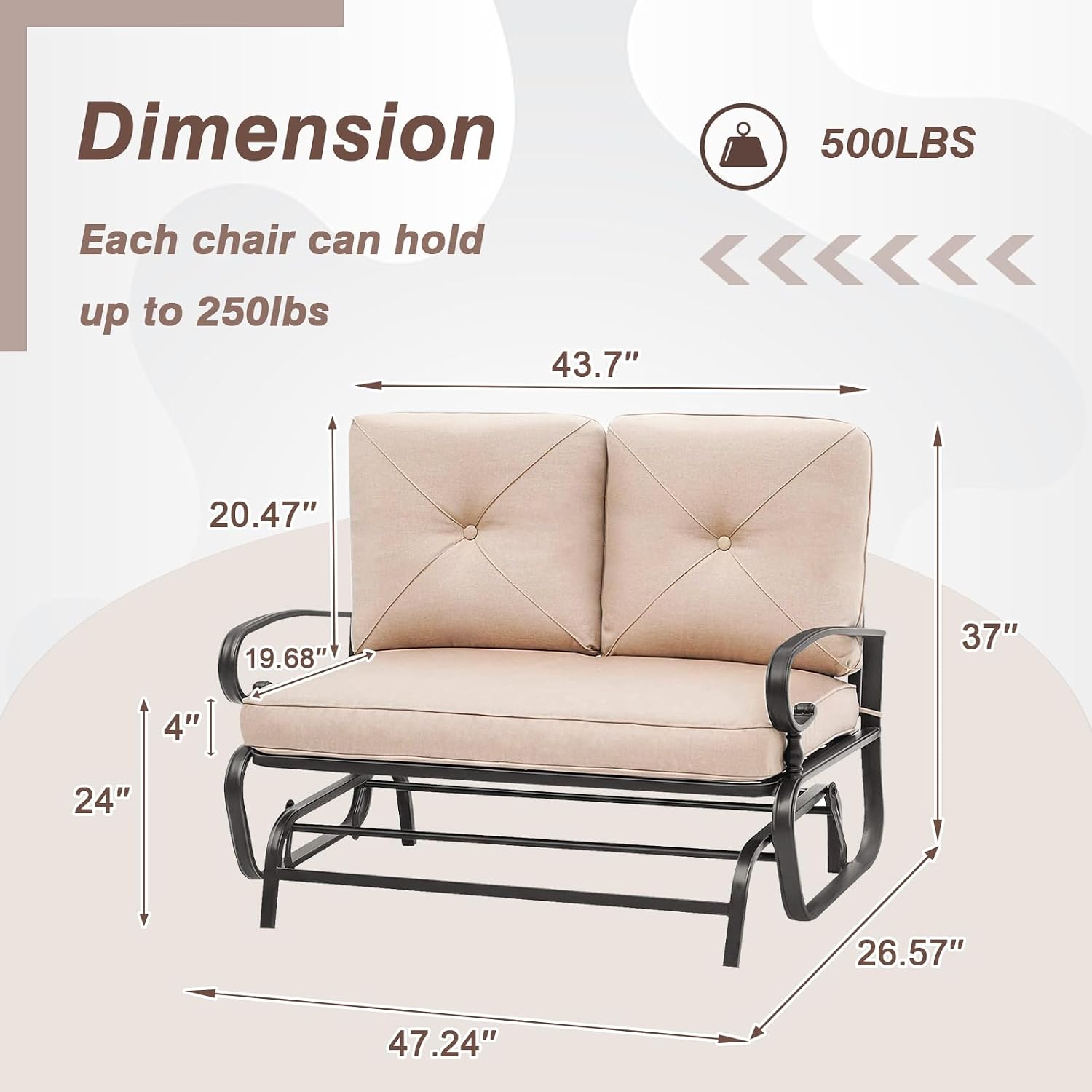 Outdoor Glider Rocking Bench 2 Person Patio Loveseat Steel Frame Furniture Set for Patio, Garden, Yard, Porch with Resistant Cushions (Brown)
