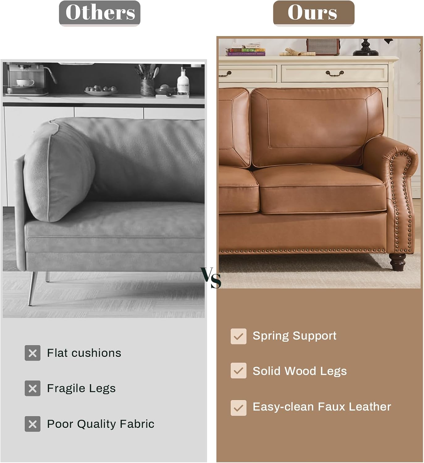 Kingfun Mid-Century Modern Couch, Faux Leather Sofa Set, 3 Seater Couch for Living Room with Rolled arms & Nailhead Trim,Brown