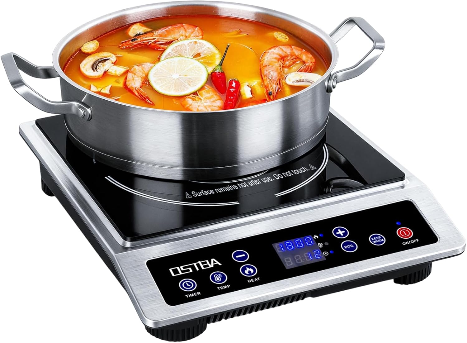 OSTBA 1800W Commercial Induction Cooktop, 7' Heating Coil Countertop Induction Burner, 10 Power Levels & 120–460°F Temperature Control, 3H Timer, Keep Warm, ETL Certified