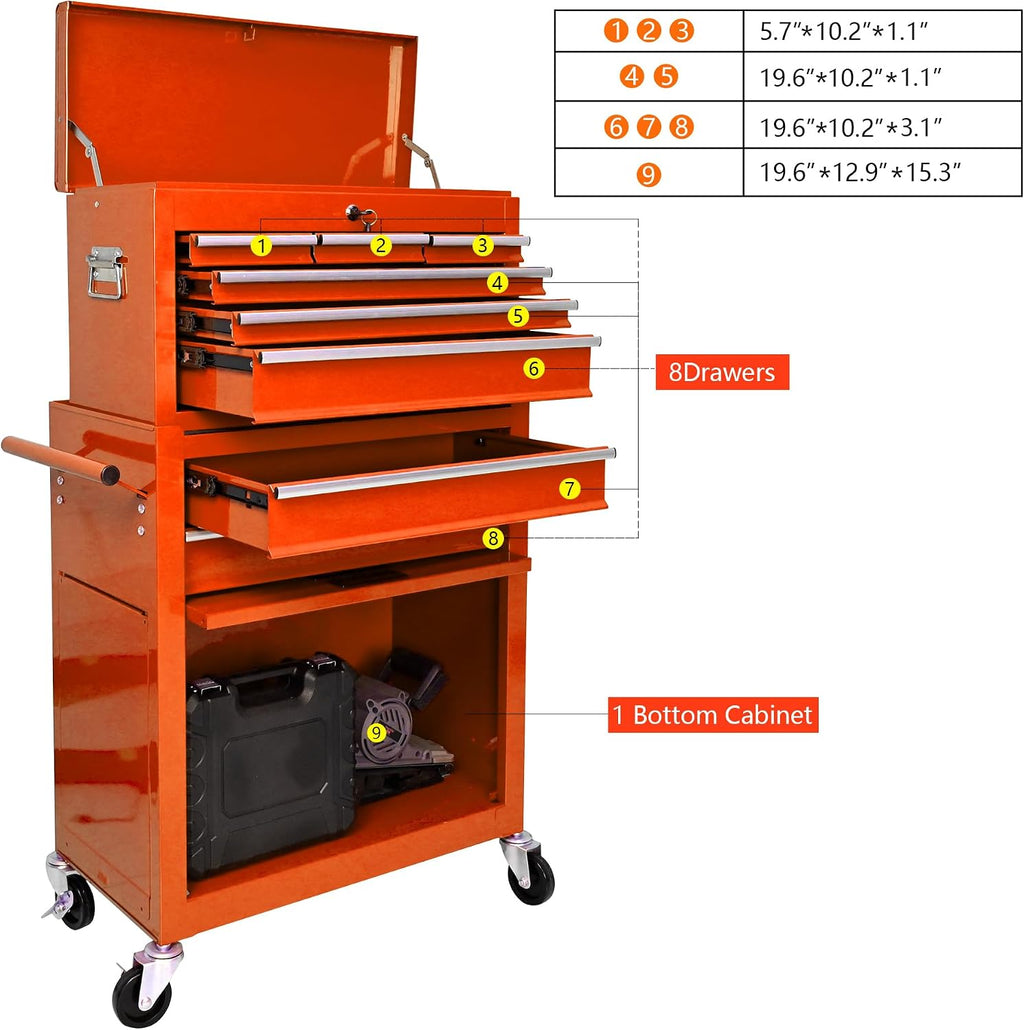 8-Drawer Tool Chest,Rolling Tool Box with Detachable Top Toolbox & Key Lock,Tool Cabinet with Universal Lockable Wheels,Lock Bar,Protective Liner,Metal Storage Cart for Garage,Workshop (Orange)