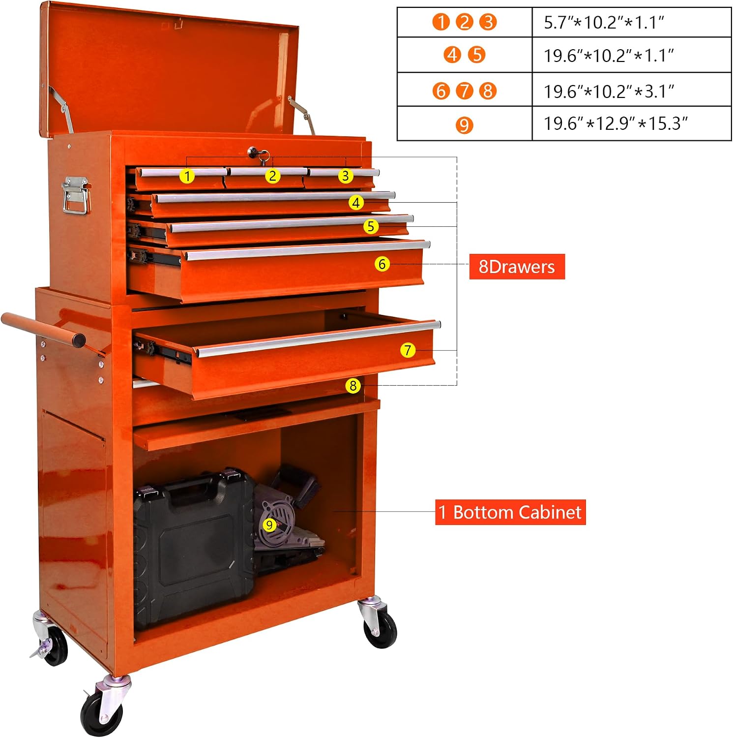 8-Drawer Tool Chest,Rolling Tool Box with Detachable Top Toolbox & Key Lock,Tool Cabinet with Universal Lockable Wheels,Lock Bar,Protective Liner,Metal Storage Cart for Garage,Workshop (Orange)