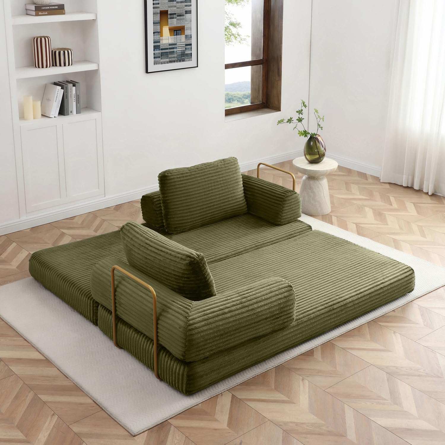 HANXIN 80 Inch Convertible Sleeper Sofa Bed, High Back Plush Corduroy Folding Floor Mattress Couch with Fixed-Shape Frame, Boneless Futon Loveseat with Pull Out Bed, No Assembly Required (Green)