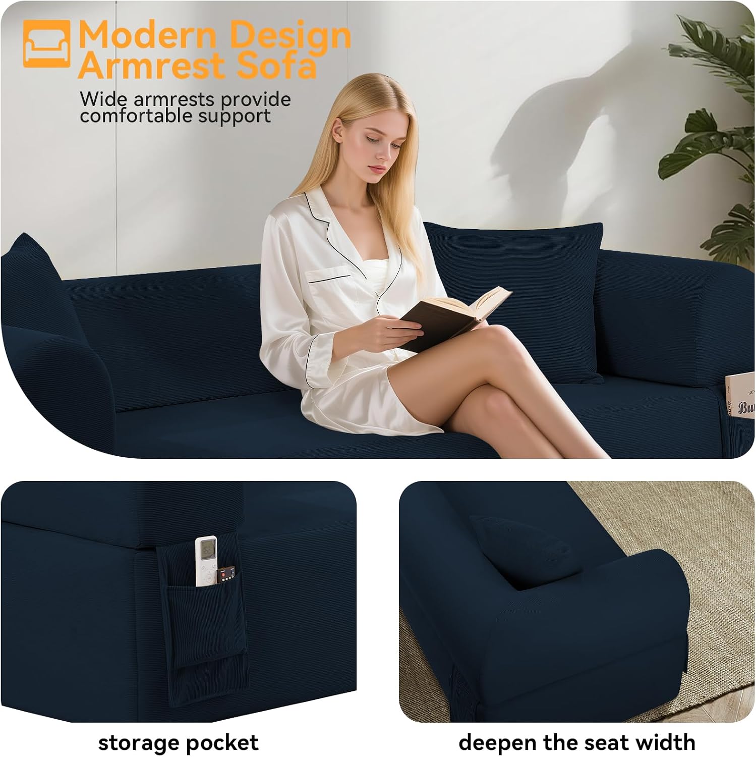 3 Seater Sofa Couch for Living Room (Blue, 30' D + 2 Pillows)