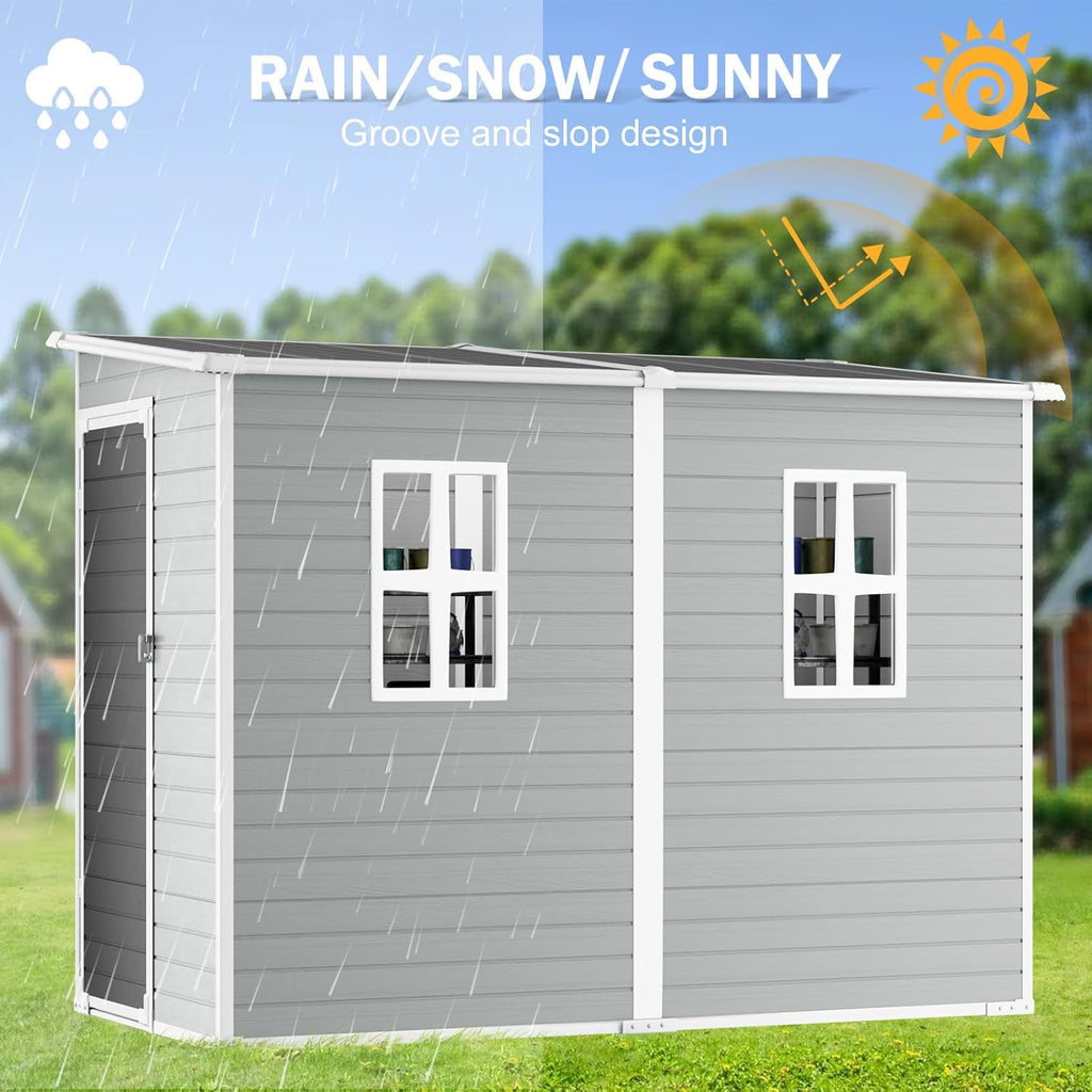 CDCASA 4x8 FT Resin Lean to Shed, Waterproof Outdoor Storage Sheds with Floor Included & Lockable Door & Window, Outside Plastic Tool Shed for Backyard, Patio,Garden, Poolside,Sloped Roof, Grey