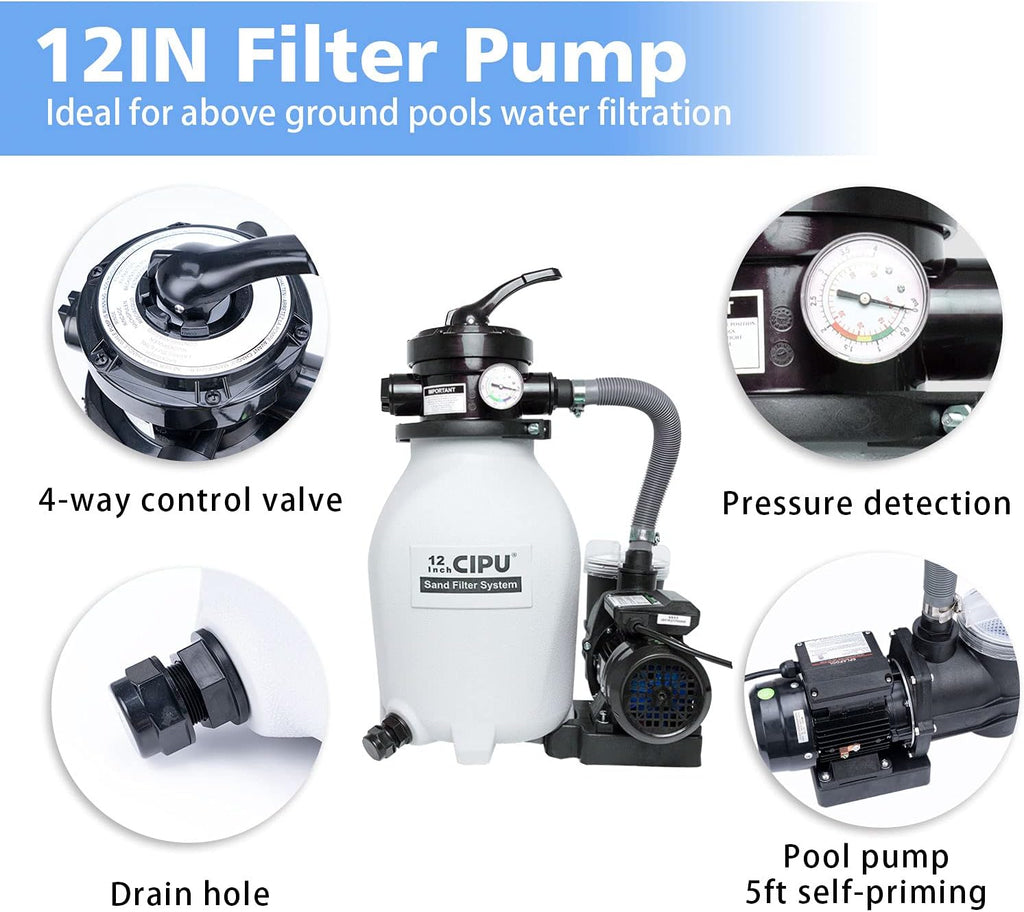 CIPU 12-inch Sand Filter Pump System Handy 4-Way Valve for Above Ground Swimming Pools with Prefilter Pool Pump 115V 6-Foot Cord to Easy Installation SFPS12501
