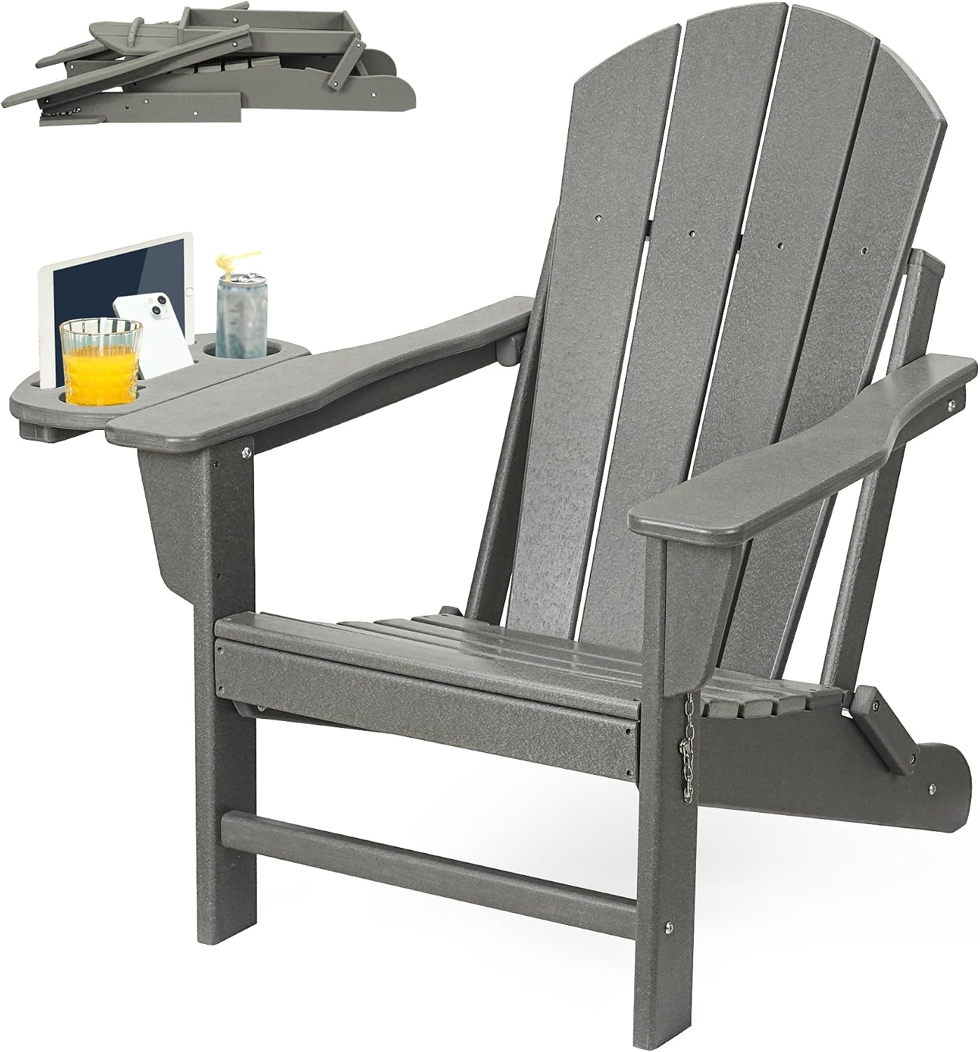 FOOWIN Folding Adirondack Chair, HDPE Adirondack Chairs with Cup Holder, Weather Resistant Plastic Fire Pit Chairs for Outdoor, Patio, Lawn, Garden, Backyard, Deck, Grey