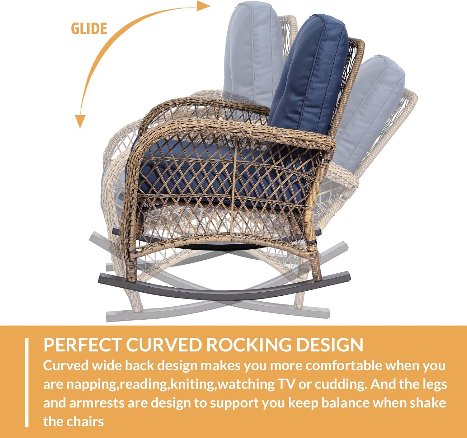 Outdoor Wicker Rocking Chair with Thickened Cushions, All-Weather Rattan Patio Rocking Chairs, Patio Wicker Rocker Chair for Backyard, Beige, Set of 2, Navy Blue