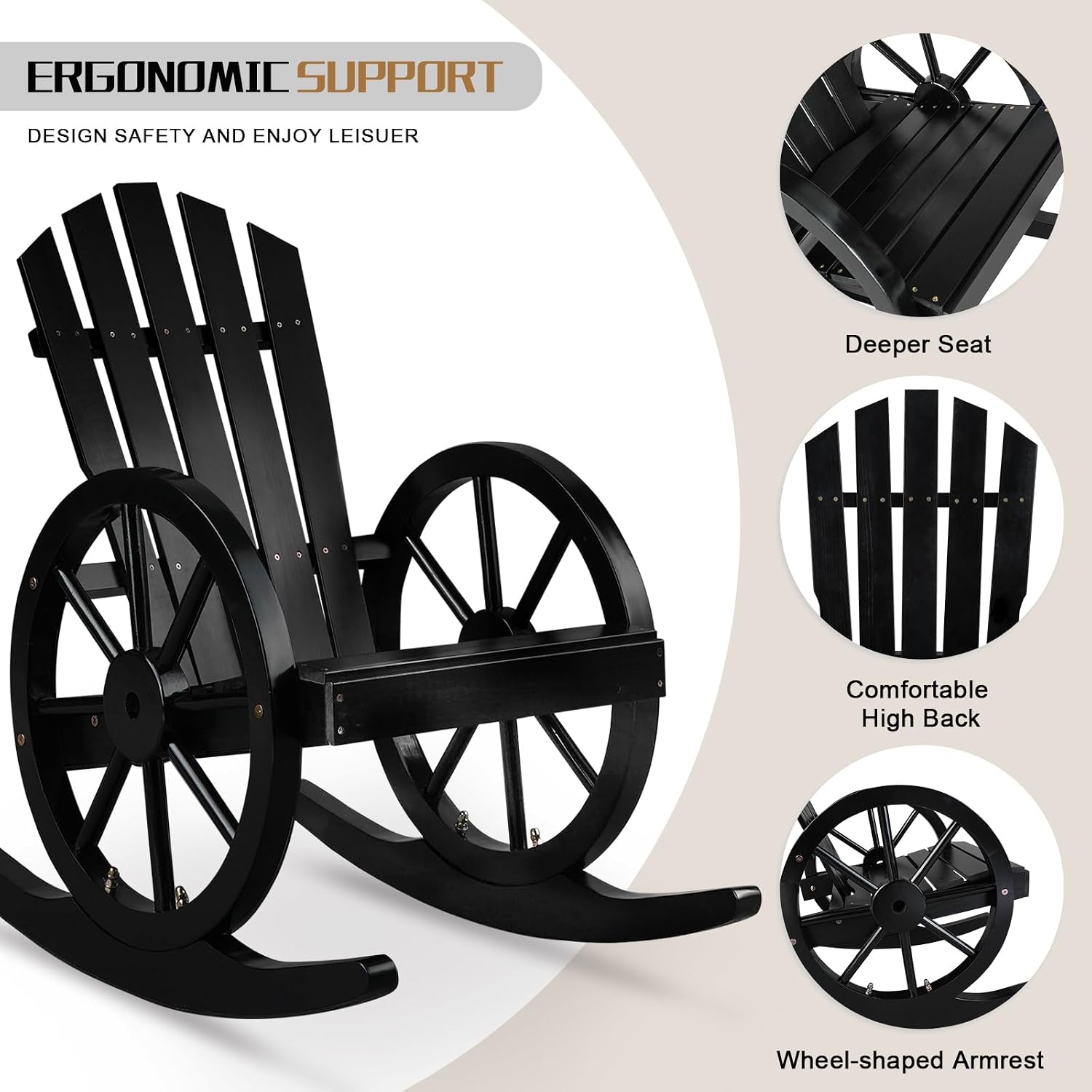Outvita Adirondack Rocking Chair Set of 2, Wood Wagon Rocker, Outdoor Wooden Carbonized Lounge Chairs with Wheel Armrest for Garden Patio Country Porch(Black