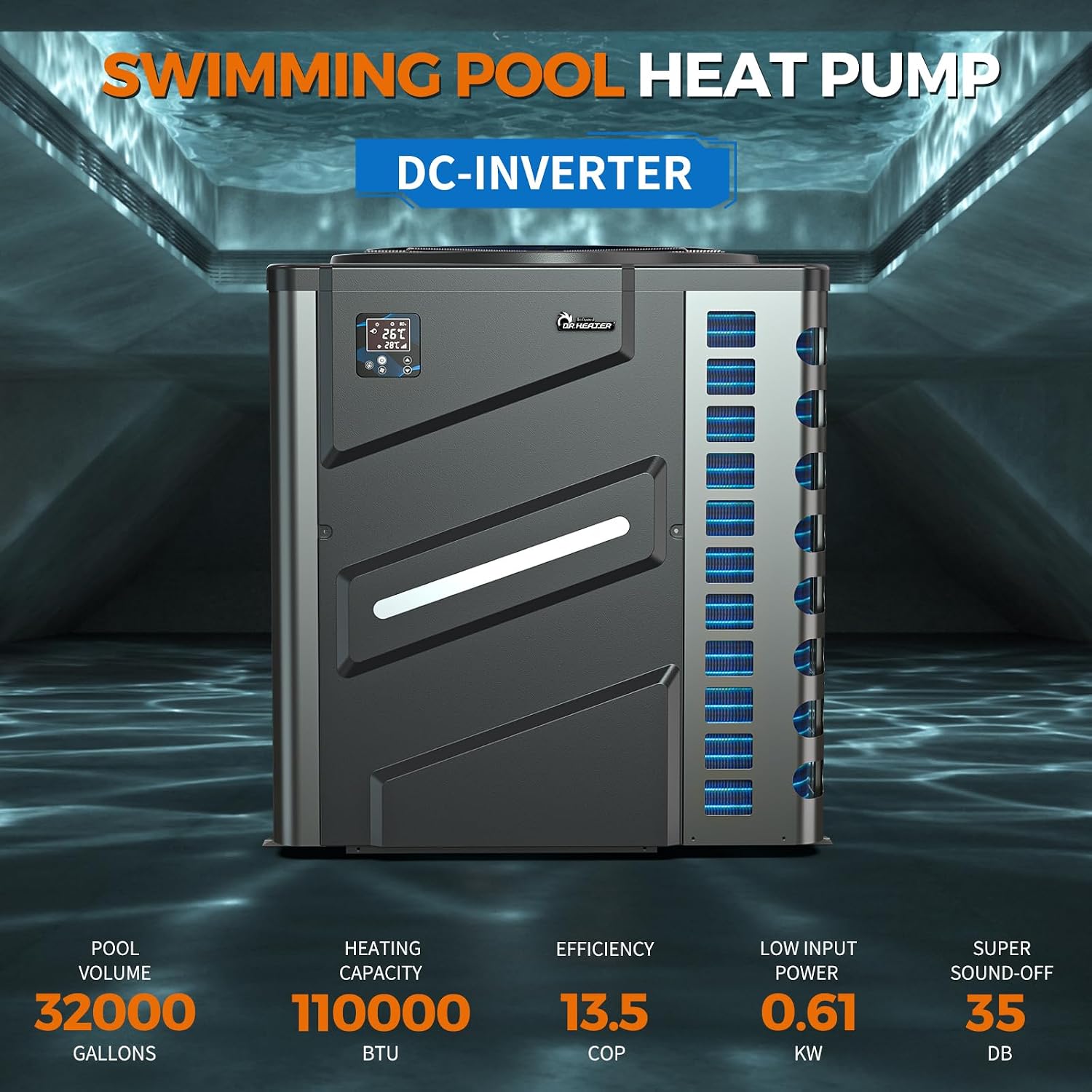 DR. Infrared Heater DR-1100HP Full DC Inverter 110,000 BTU Heat Pump In-Ground and Above-Ground Swimming Pools, WiFi Smart Control via APP, Black