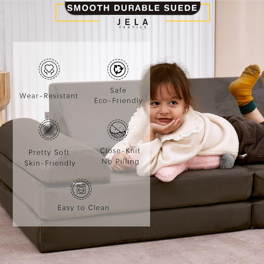 jela Kids Couch Safety Certified Play Couch Soft Kids Sofa with Machine Washable Cover Thick Foam Fort Building Set for Playroom Indoor (57'x28'x18', Charcoal)