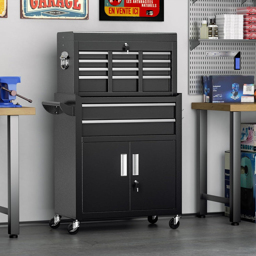 Crownland 8-Drawer Rolling Tool Chest with Wheels, Lockable 2 in 1 Detachable Tool Cabinet wit Drawers and Black Liners, Garage Top Toolbox & Bottom Storage Cart with Side Hooks(Black)