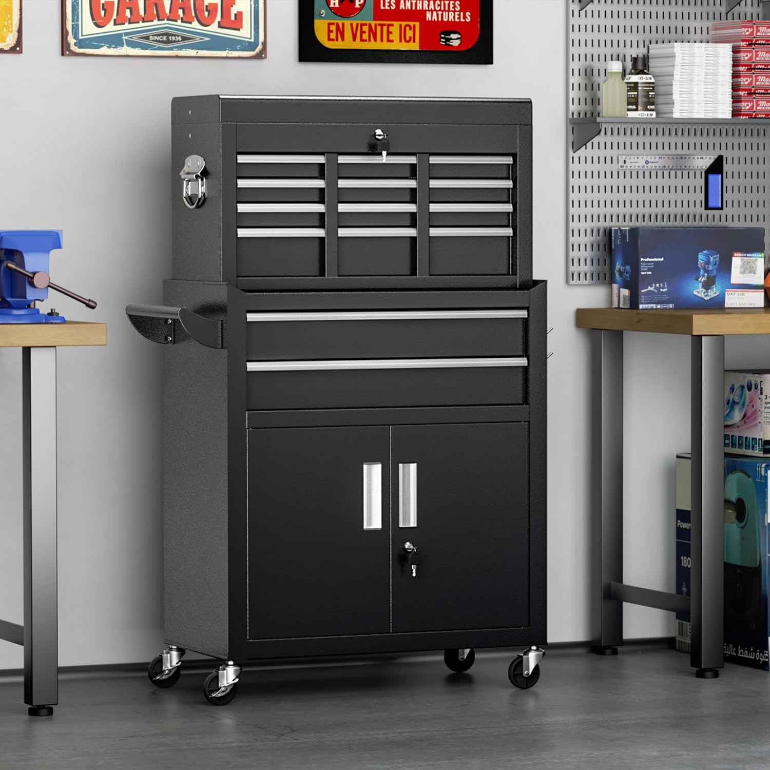 Crownland 8-Drawer Rolling Tool Chest with Wheels, Lockable 2 in 1 Detachable Tool Cabinet wit Drawers and Black Liners, Garage Top Toolbox & Bottom Storage Cart with Side Hooks(Black)