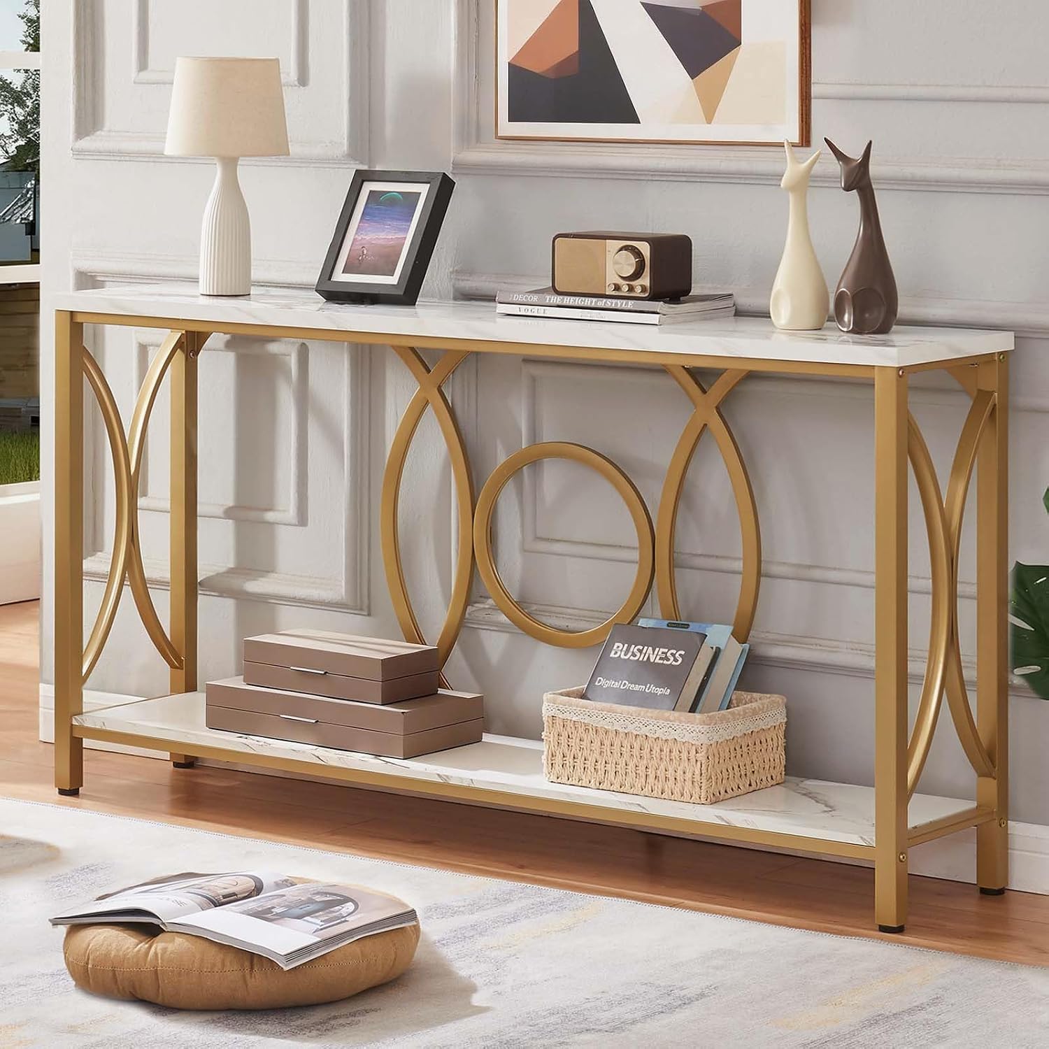 HOMISSUE Sofa Console Table, Modern Gold Console Table with Faux Marbled Tabletop, Engineered Wood Entryway Tables with 2 Tier Storage, Narrow Sofa Table for Living Room, Hallway (55 Inch, White&Gold)