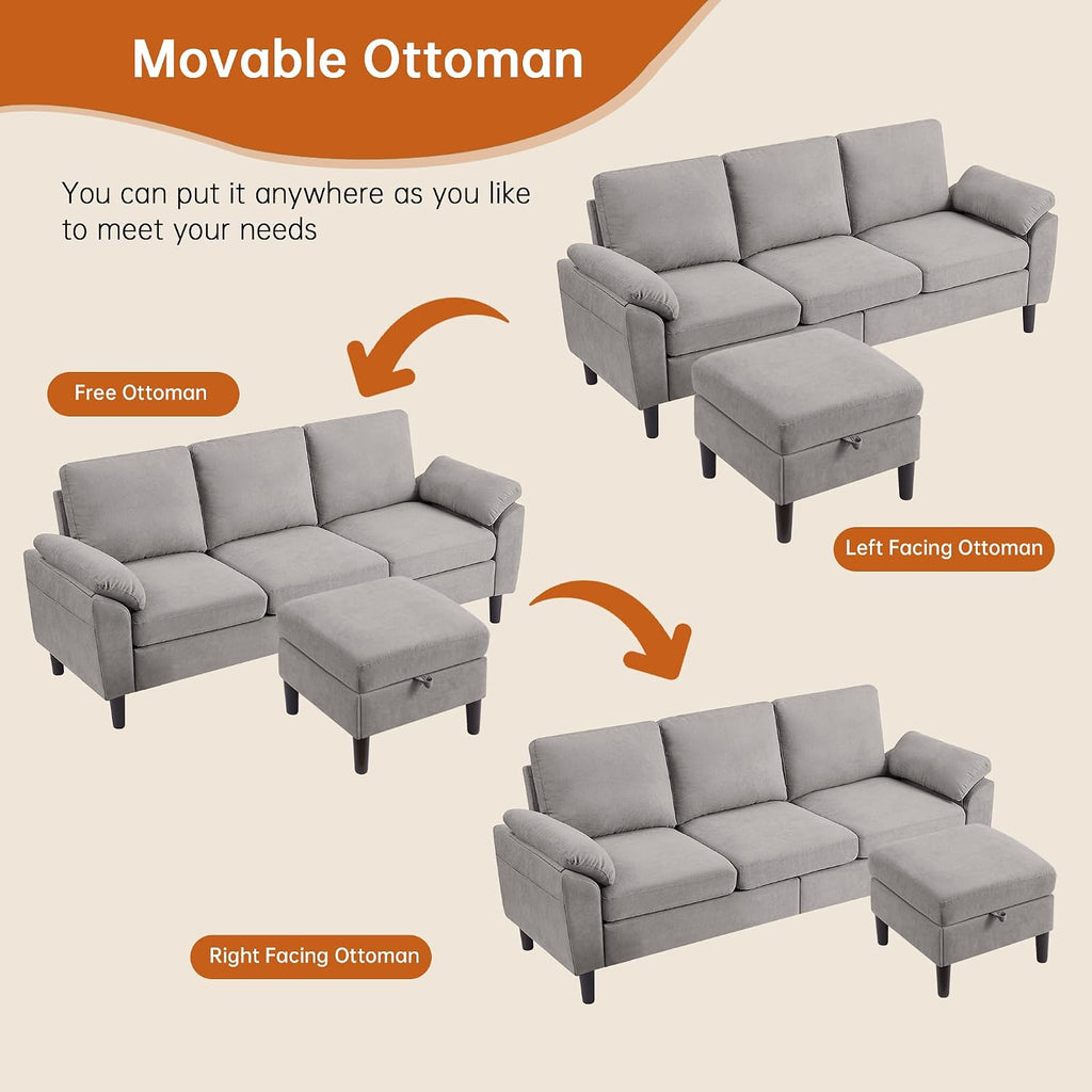Convertible Sectional Sofa, Modern L Shaped 3-seat Sofa, 79' Linen Fabric Small Sectional Couch with Movable Ottoman, Couch for Small Spaces Living Room (Light Grey)