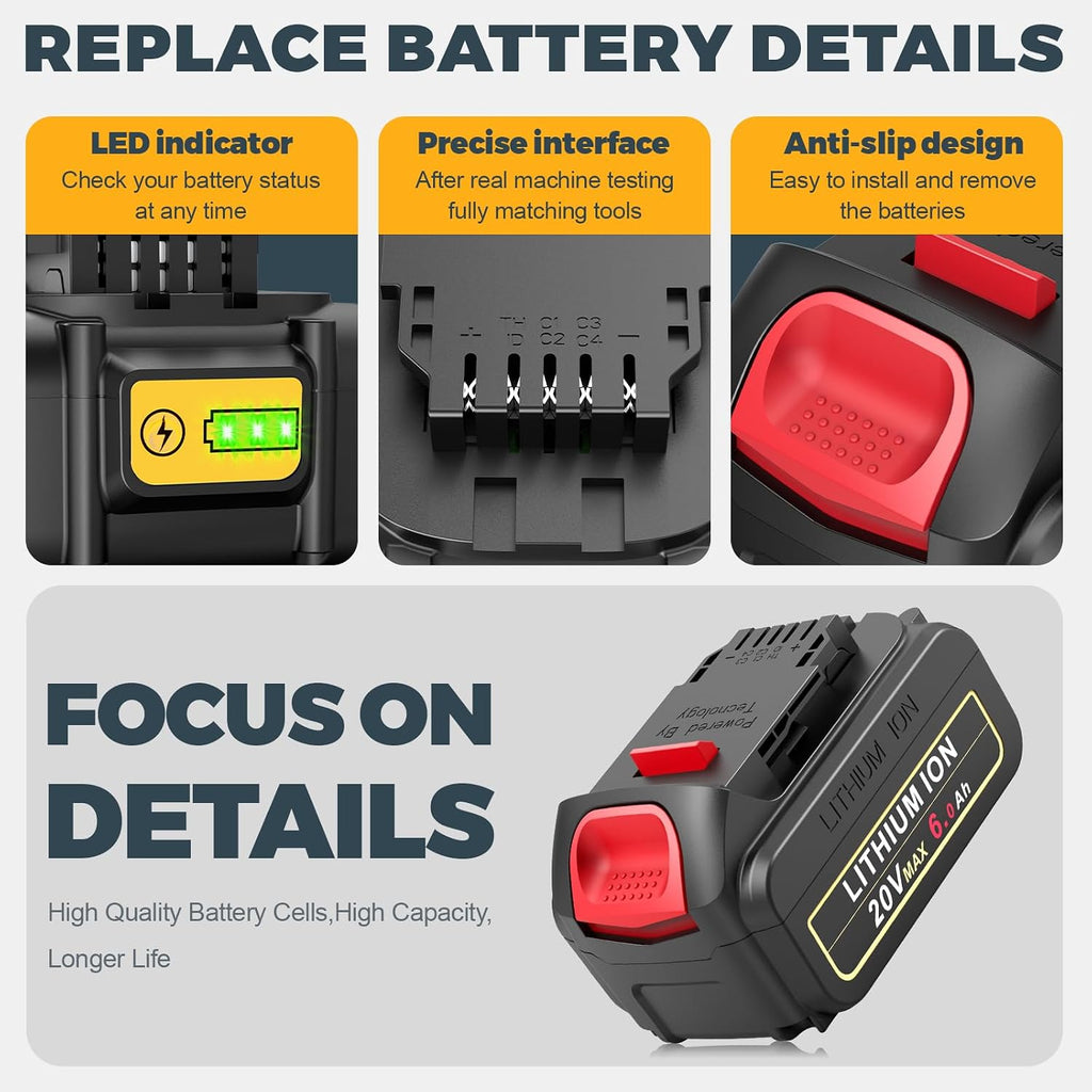 6 Packs 20V 6.0Ah Battery with DCB102 2-Port Fast Charger Combo Compatible for DeWalt 20V Max Battery DCB206 DCB205 DCB207 DCB208, Compatible with DeWalt 20 Volt DCD/DCF/DCG/DCS Cordless Power Tools