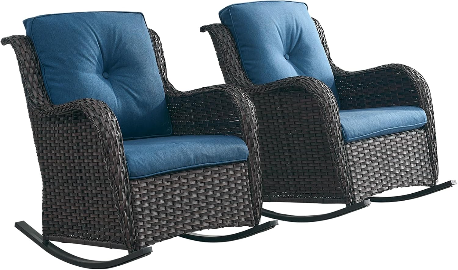 Rilyson Patio Chairs Outdoor Rocking Chair - 2 Piece Wicker Rattan Rocker Chairs Set with High Back and Deep Seating for Porch Deck Garden Backyard(Brown/Blue)