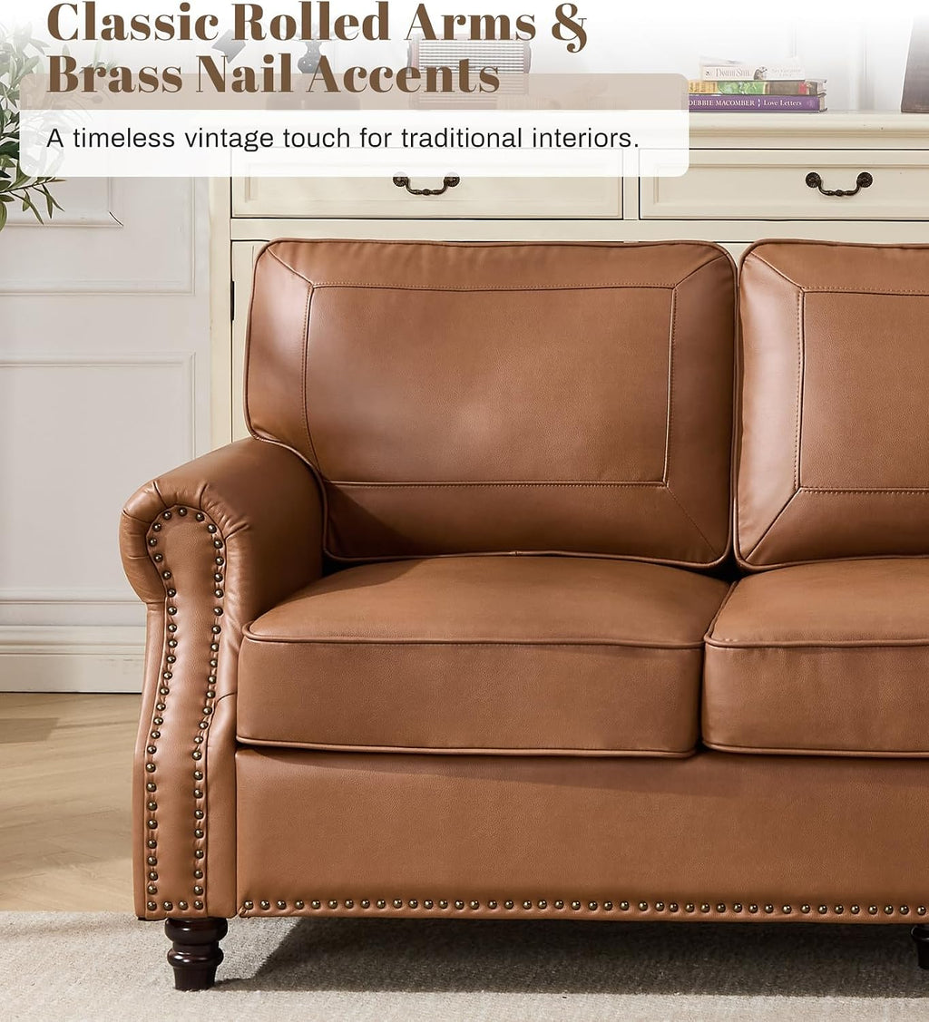 Kingfun Mid-Century Modern Couch, Faux Leather Sofa Set, 3 Seater Couch for Living Room with Rolled arms & Nailhead Trim,Brown
