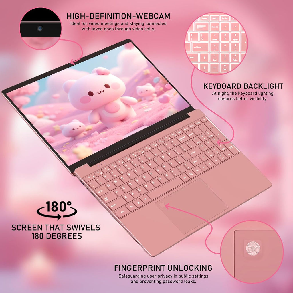 Student Laptop 15.6 Inch, Lightweight Notebook with 8GB RAM 256GB SSD, FHD IPS Display, Backlit Keyboard & Fingerprint Login, Rose Gold Portable Computer for School & Daily Use