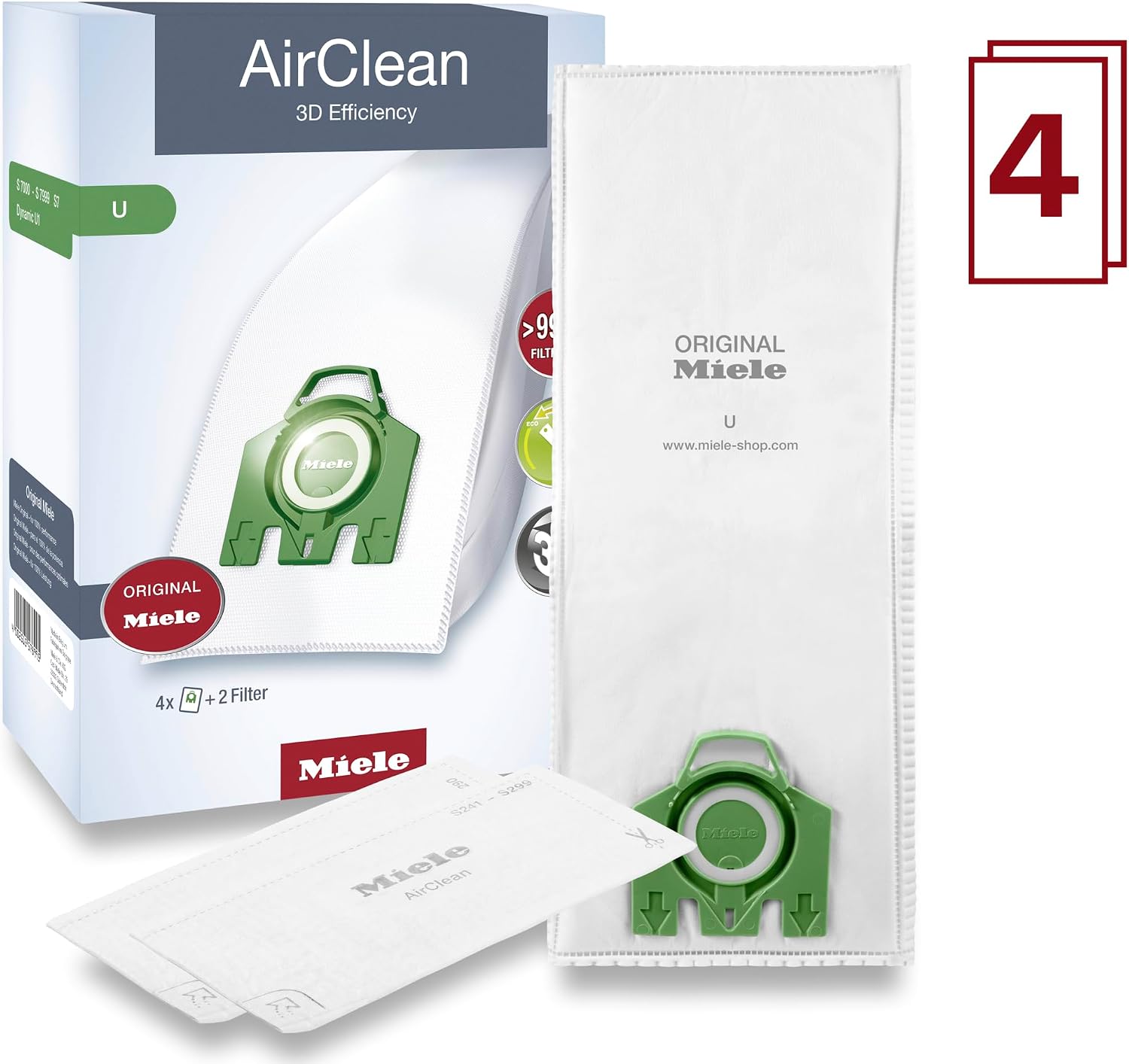 Miele Original AirClean 3D Efficiency U Vacuum Cleaner Bags for Miele Dynamic U1 and S7 Models, Filters More Than 99.9% of Dust, 10123230,4 Count (Pack of 4)