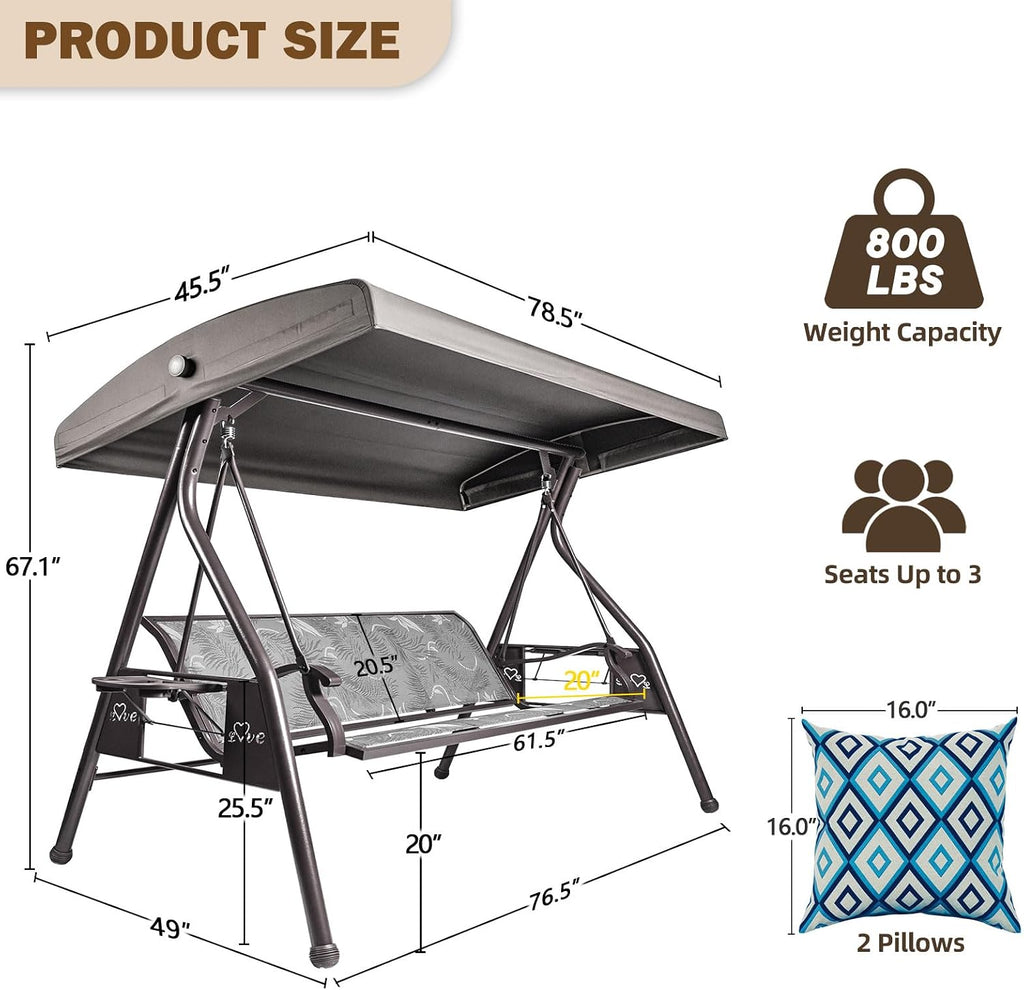 ZZW 3 Person Patio Swing Outdoor Swing for Adults with Adjustable Canopy &Upgraded Cup Holders Textilene Fabric Porch Swing Chair with Stand Heavy Duty 800 LBS
