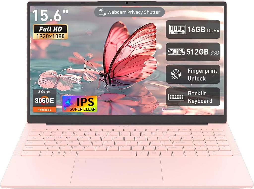 Auusda 15.6' FHD Laptop for Work, Student and Entertainment, 16GB Dual RAM 512GB SSD, Full Function USB Type C/HDMI/Backlit Keyboard/Fingerprint/USB 3.0, Win 11 Pro, Dual Core 4T Processor, Pink