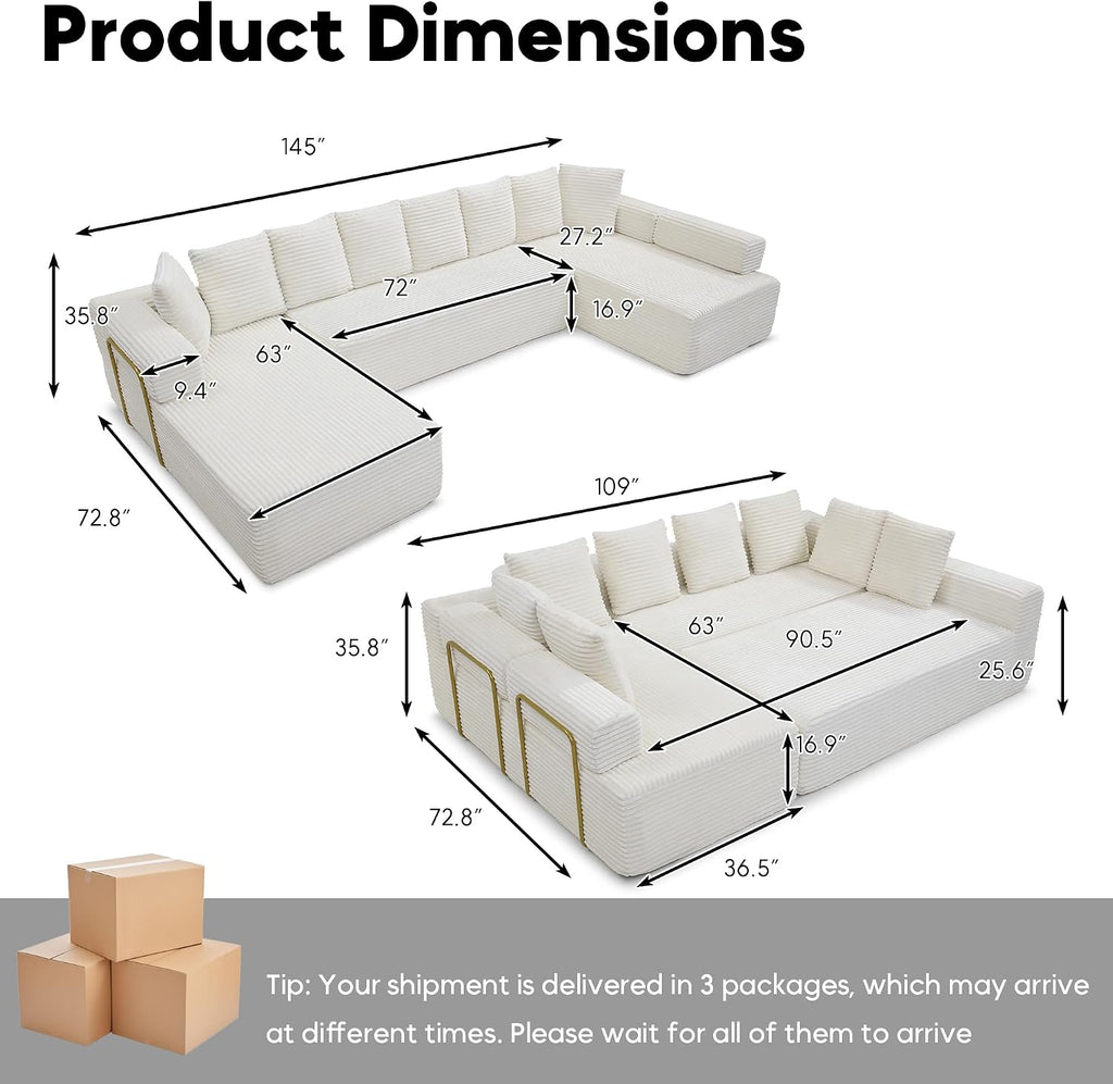 Oversized Cloud Boneless Couch with Chaise, 145' Modern U Shape Modular Deep Seat Sectional Sofa, Comfy Corduroy Upholstered Couches for Living Room, No Assembly Required, Beige White