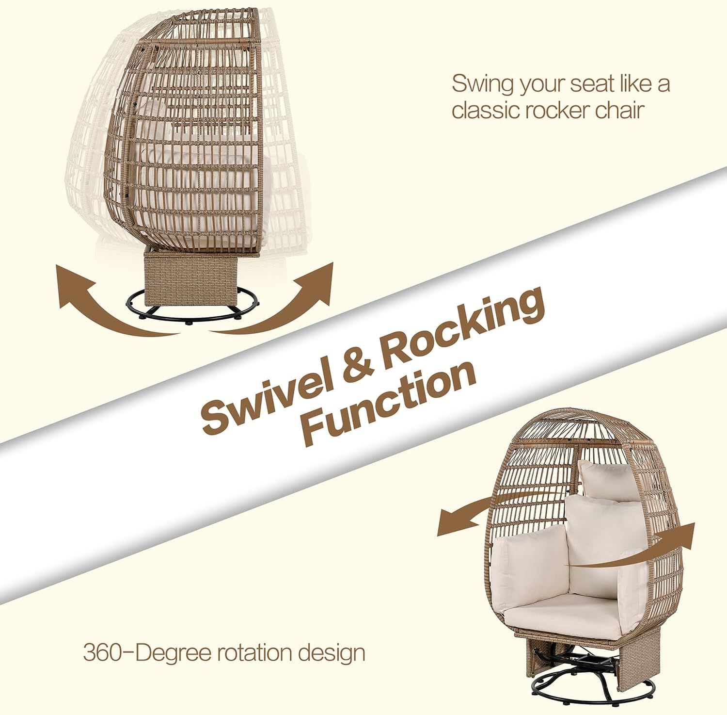 Outdoor Swivel Chair with Cushions, Rattan Egg Patio Chair with Rocking Function for Balcony, Poolside and Garden