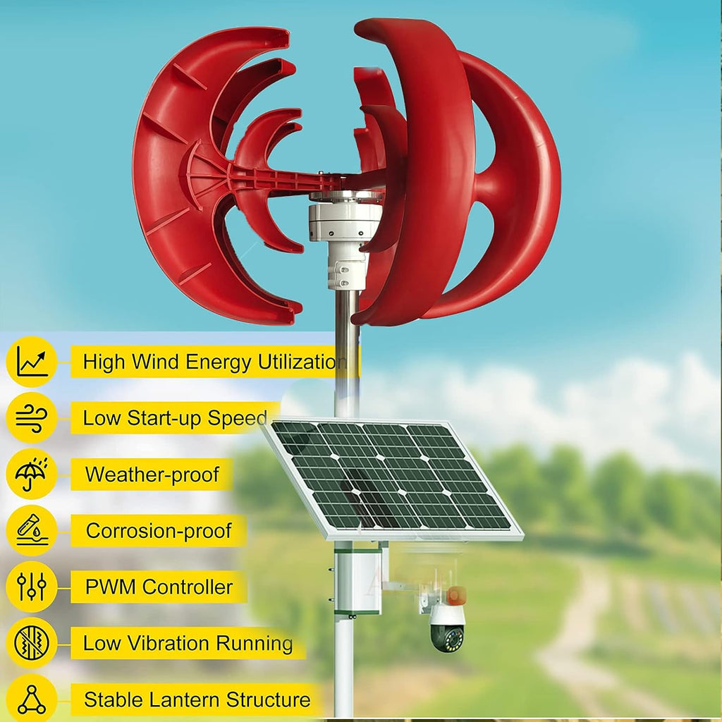 12V 24V 48V White 5 Blades Vertical Wind Turbine Generator+3000W Permanent Magnet Lantern Vertical Wind Turbine Kit with Controller for Home(Red)