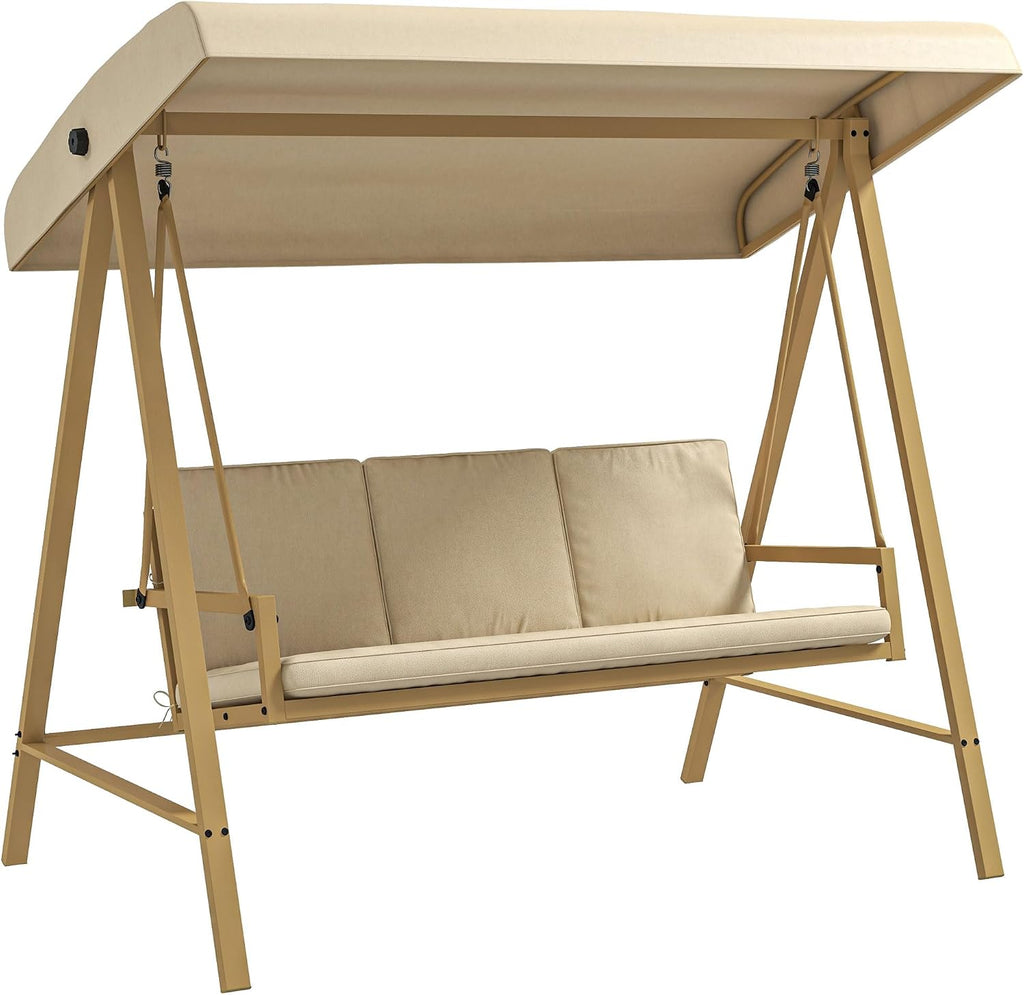 Outsunny 3-Seater Outdoor Porch Swing with Stand, Heavy Duty Patio Swing Chair with Adjustable Canopy, Removable Cushions, Breathable Mesh Seat for Garden, Backyard, and Poolside, Beige