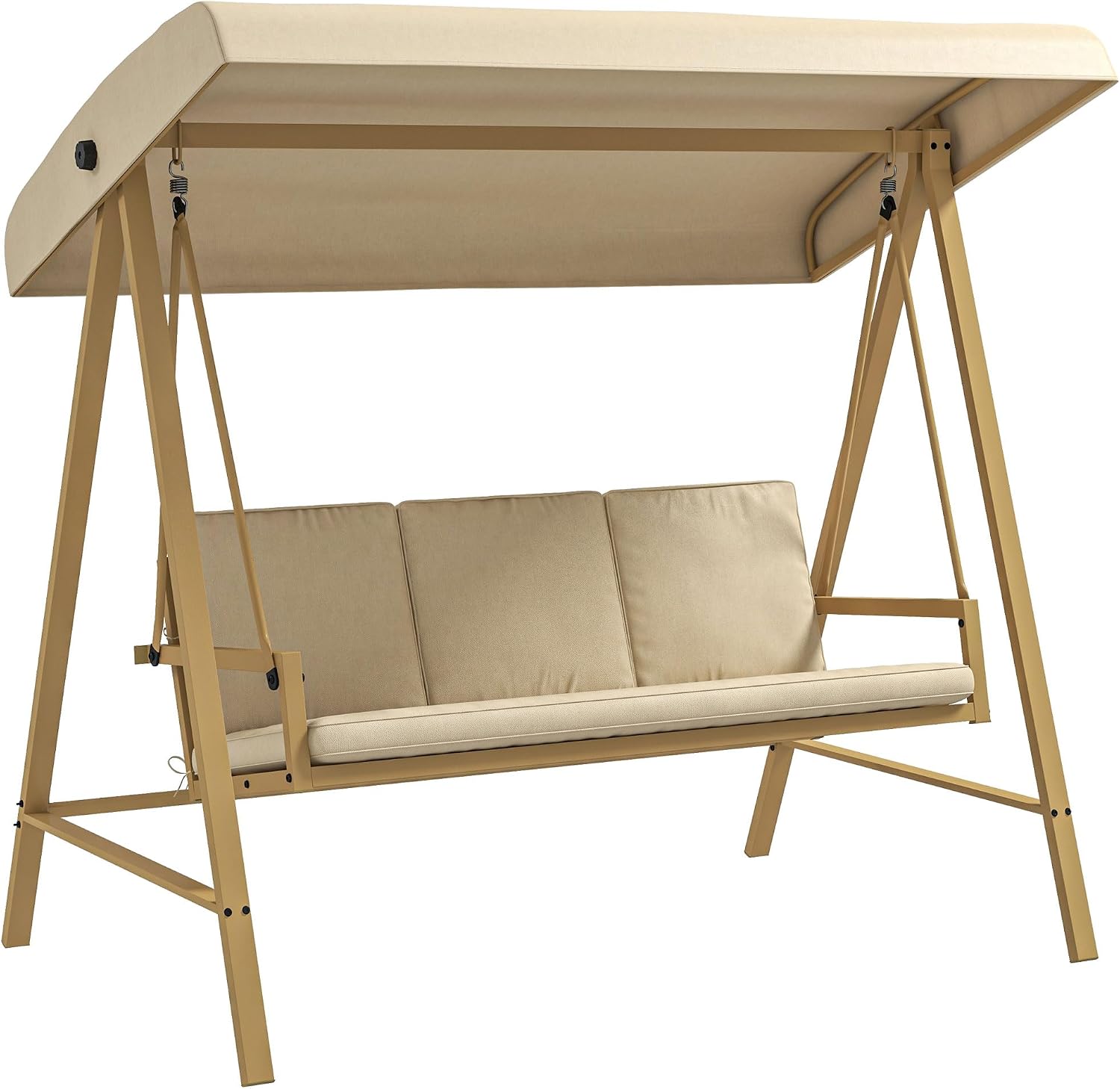 Outsunny 3-Seater Outdoor Porch Swing with Stand, Heavy Duty Patio Swing Chair with Adjustable Canopy, Removable Cushions, Breathable Mesh Seat for Garden, Backyard, and Poolside, Beige